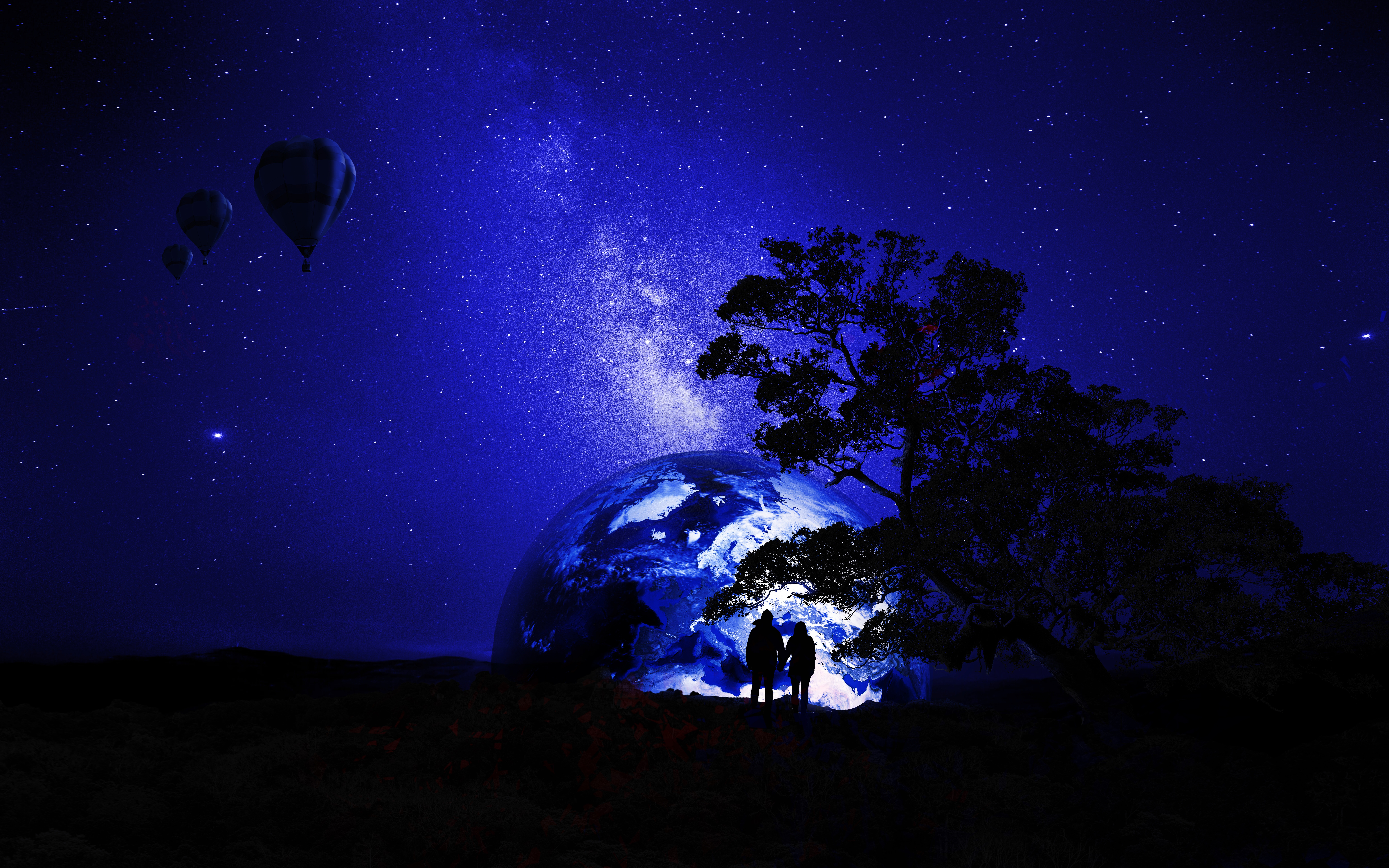 HD wallpaper, Hot Air Balloons, 5K, Together, Silhouette, Dream, Night, Couple, 8K, Earth, Starry Sky, Romantic