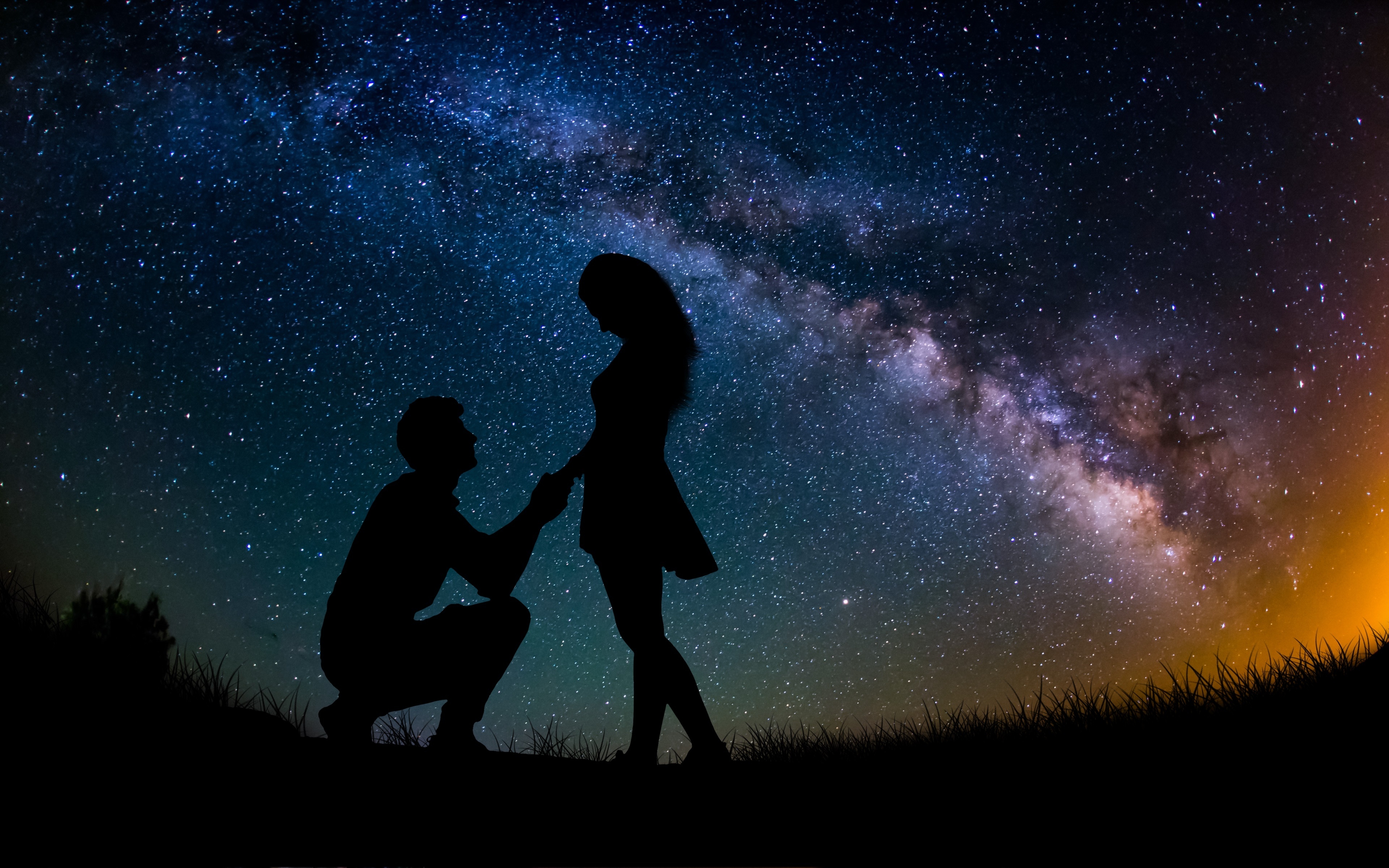 HD wallpaper, Romantic, Starry Sky, Engagement, Silhouette, Lovers, Couple, Proposal
