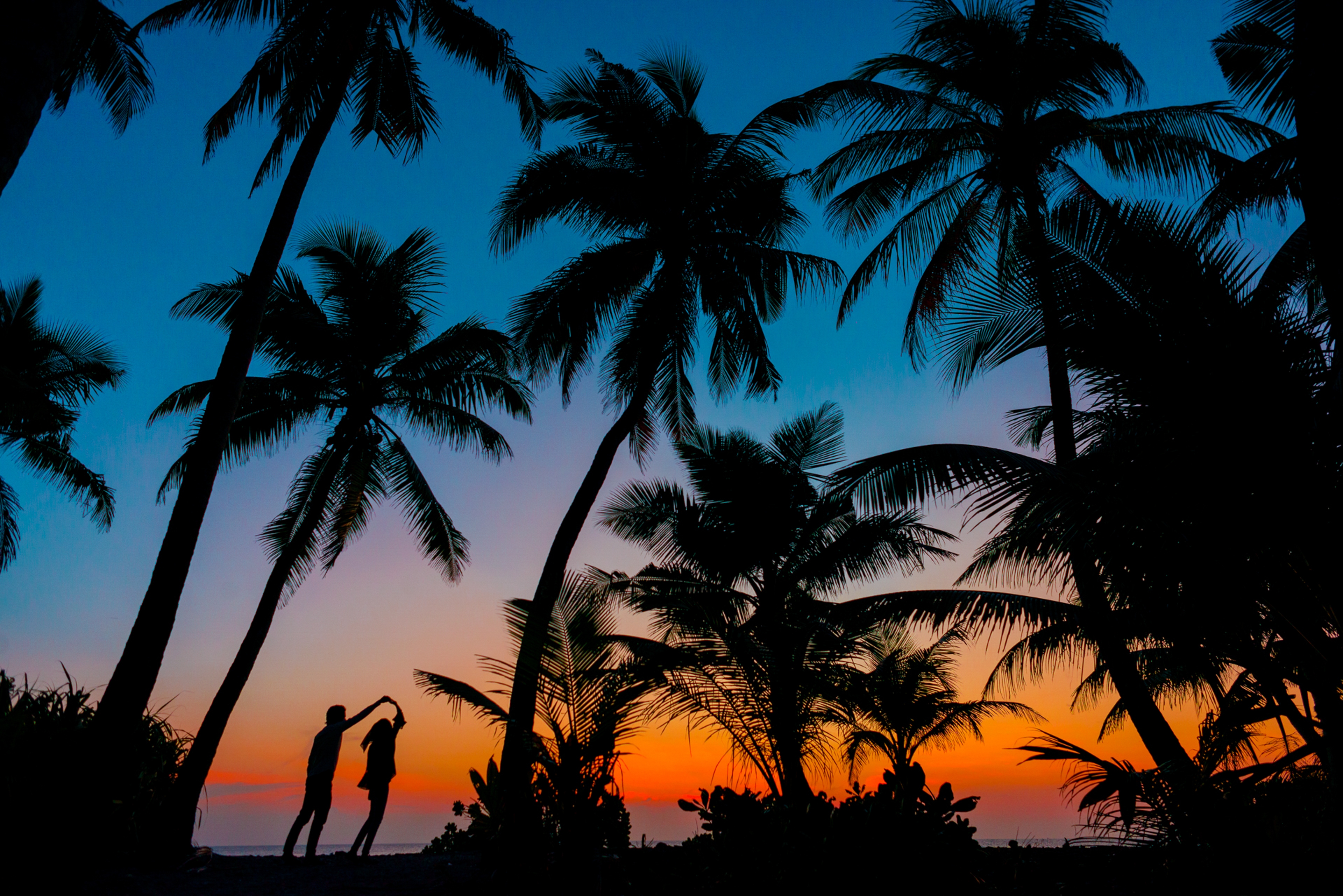 HD wallpaper, Romantic, Maldives, Couple, Tropical Beach, Sunset, Twilight, Palm Trees