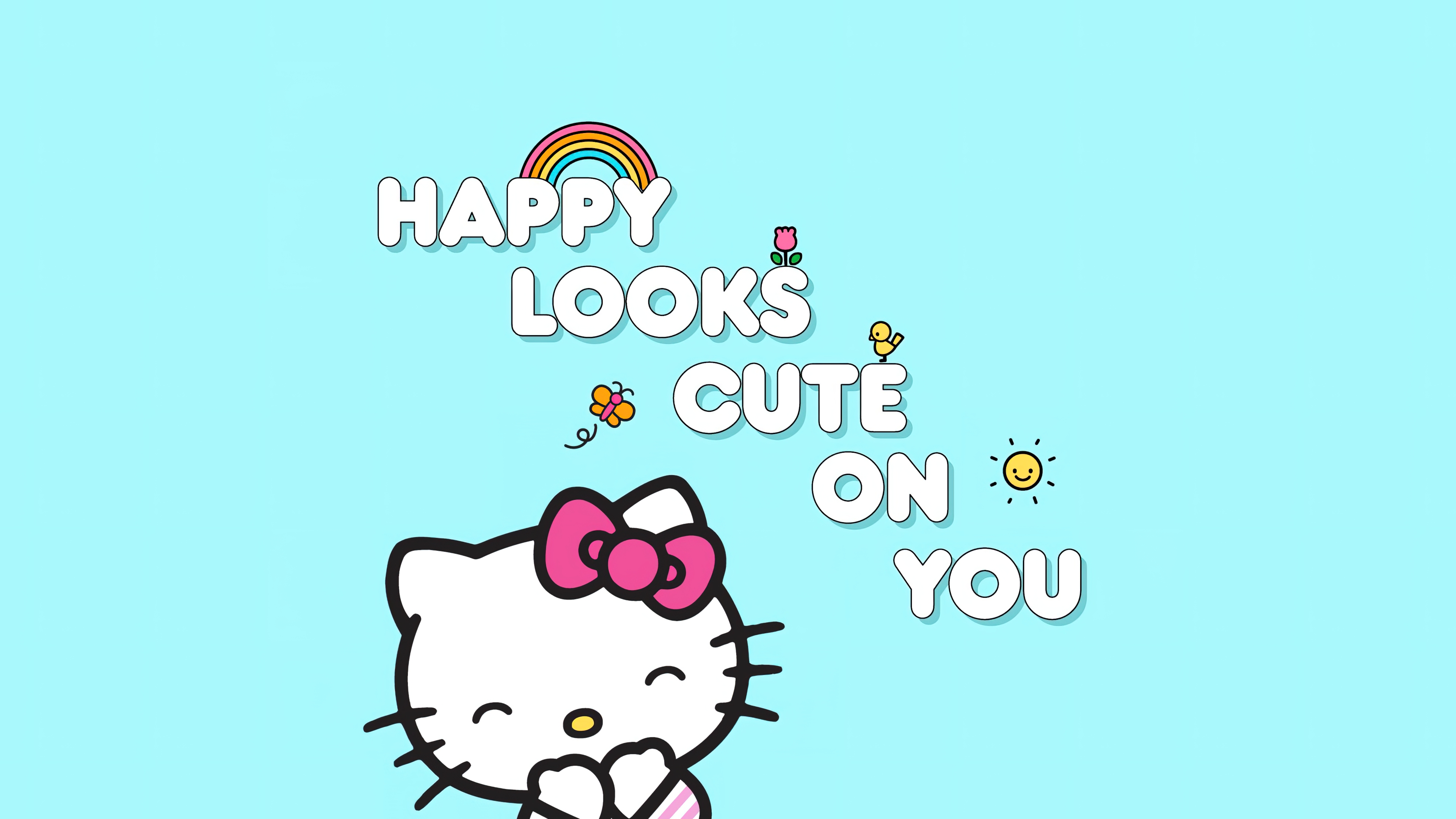 HD wallpaper, Cyan Background, Hello Kitty Background, Sanrio, Happy Looks Cute On You, Hello Kitty Quotes
