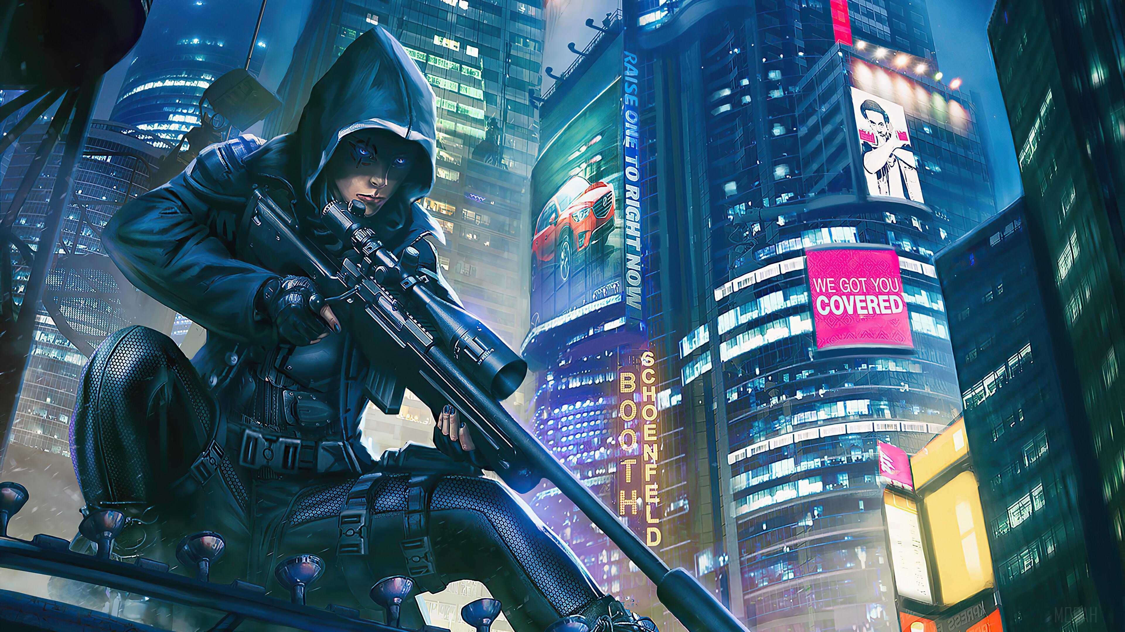 HD wallpaper, City, Night, Sniper, Assassin 4K, Buildings, Cyberpunk, Sci Fi, Science Fiction