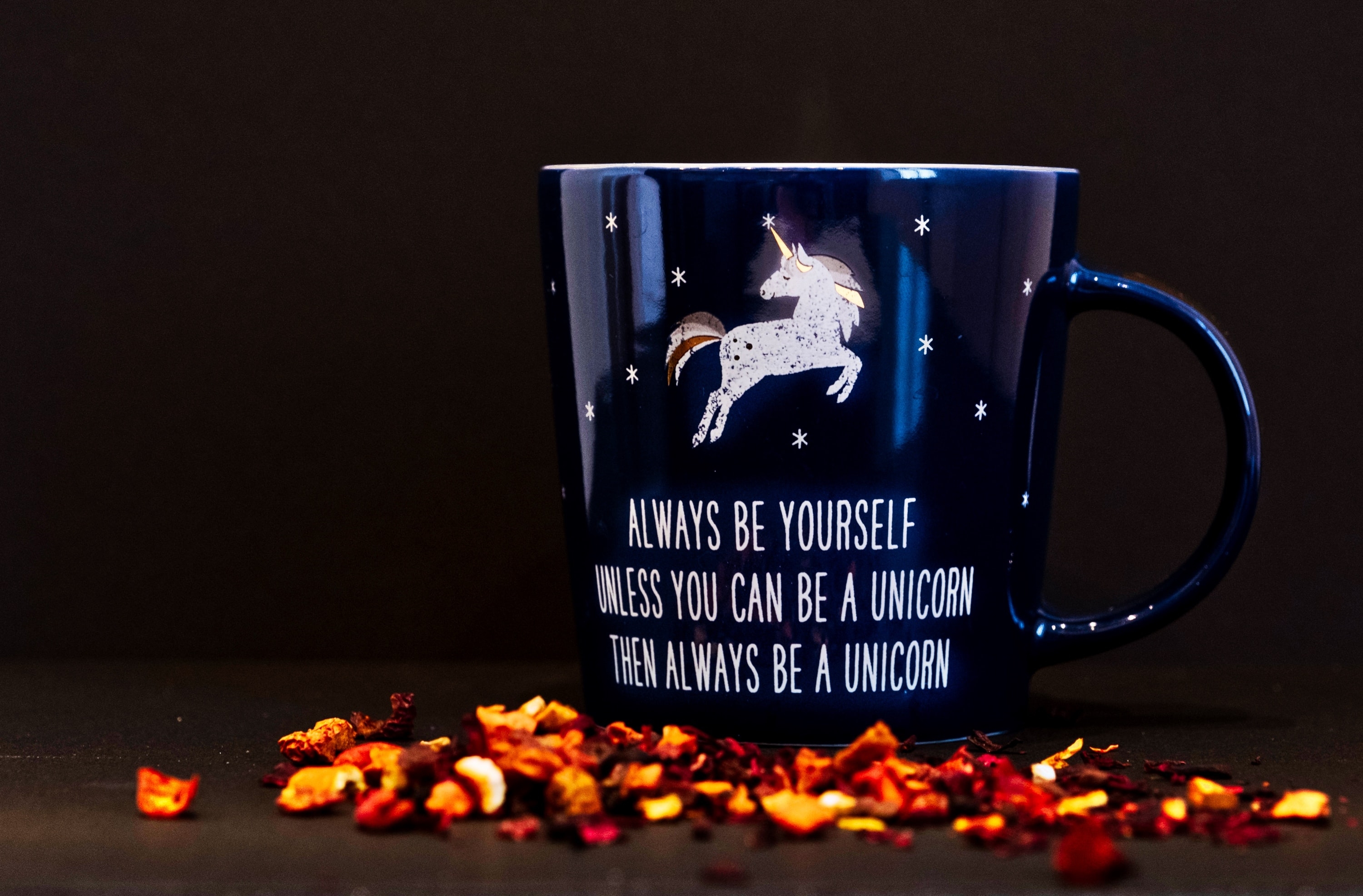 HD wallpaper, Blue, Motivational, Mug, Always Be Yourself, Dark Background, Coffee Cup, Unicorn