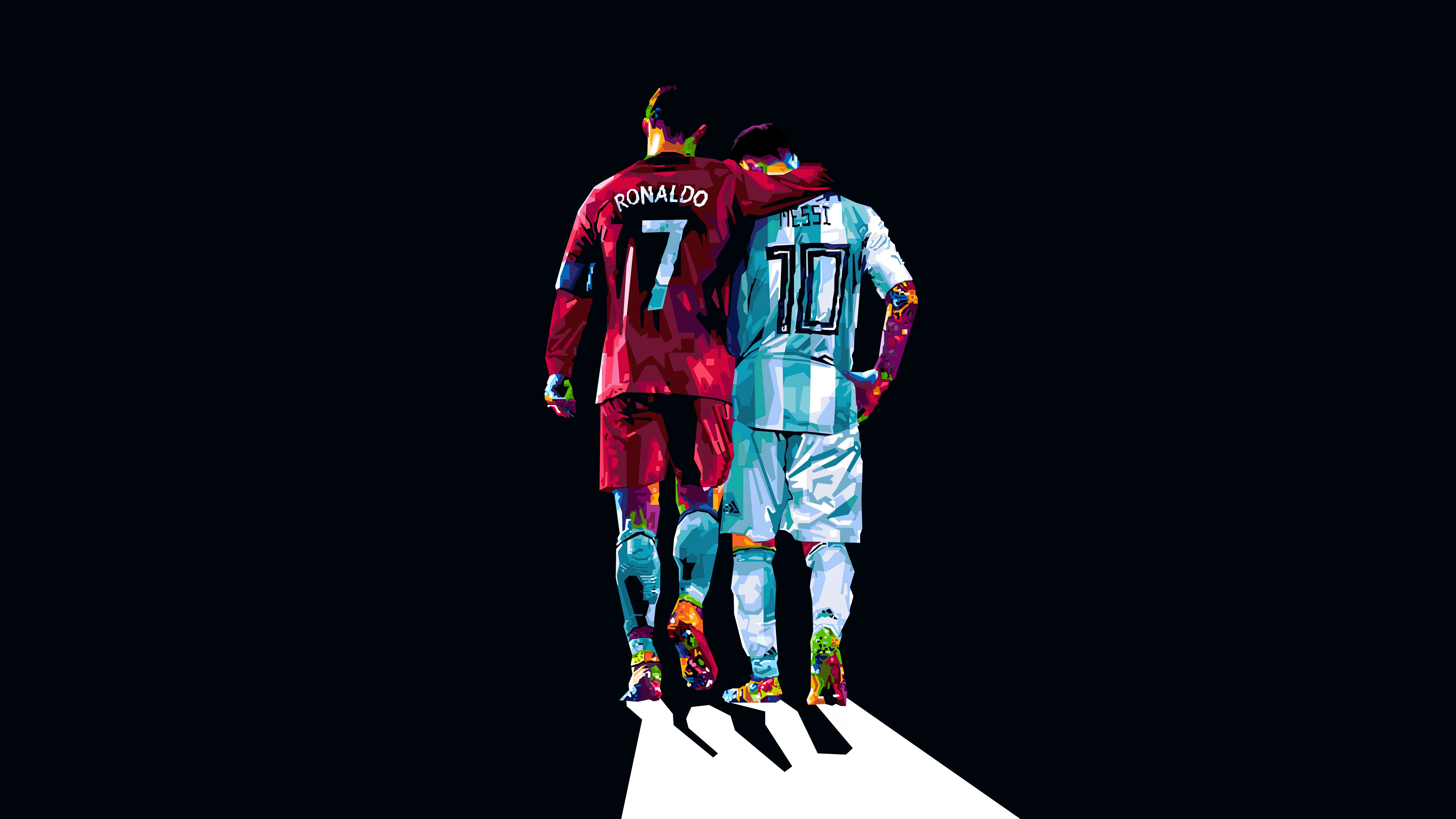 HD wallpaper, 5K, 8K, Pop Art, Lionel Messi, Cristiano Ronaldo, Dark Background