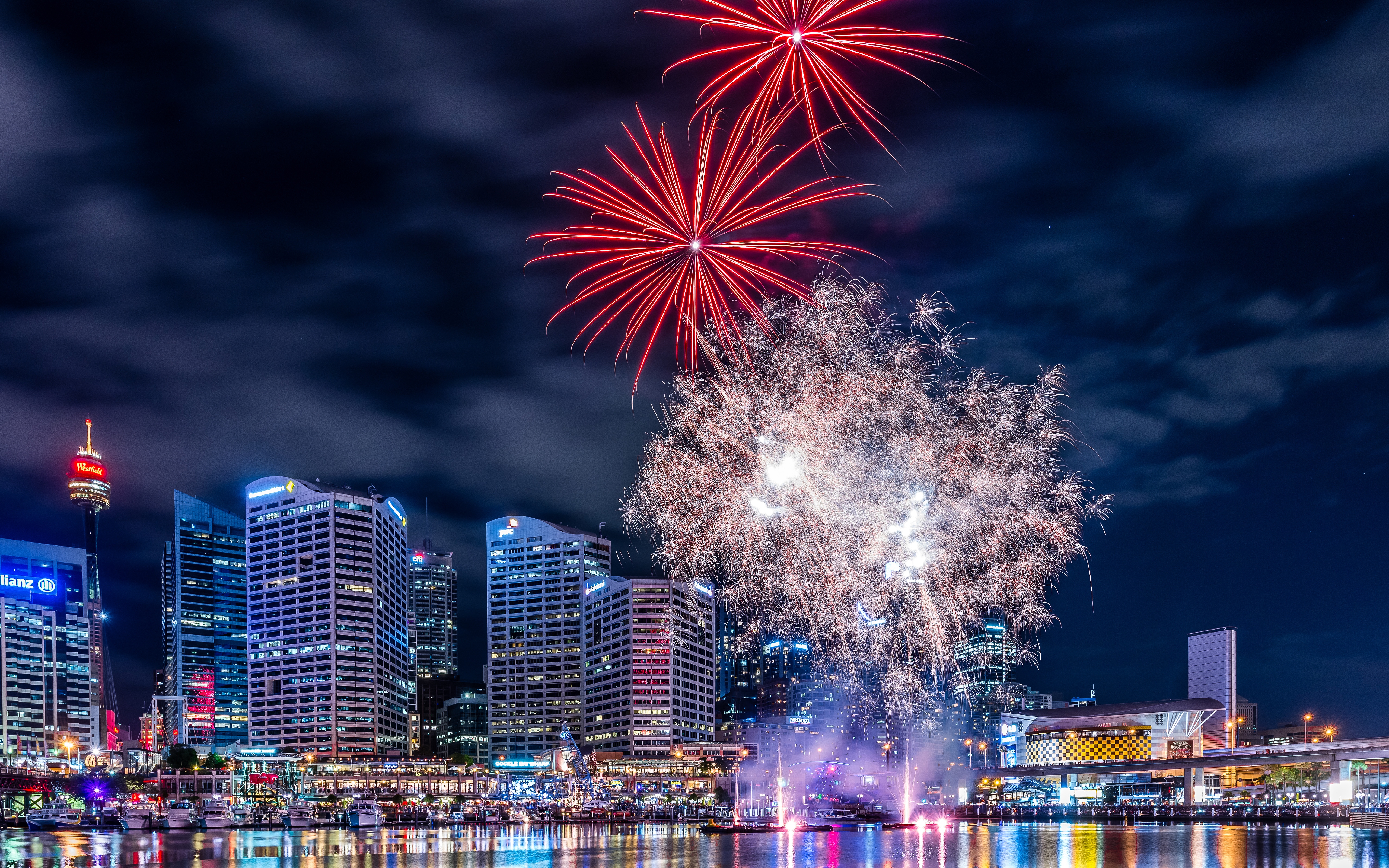 HD wallpaper, Night City, Darling Harbour, 5K, Fireworks, Sydney, Australia