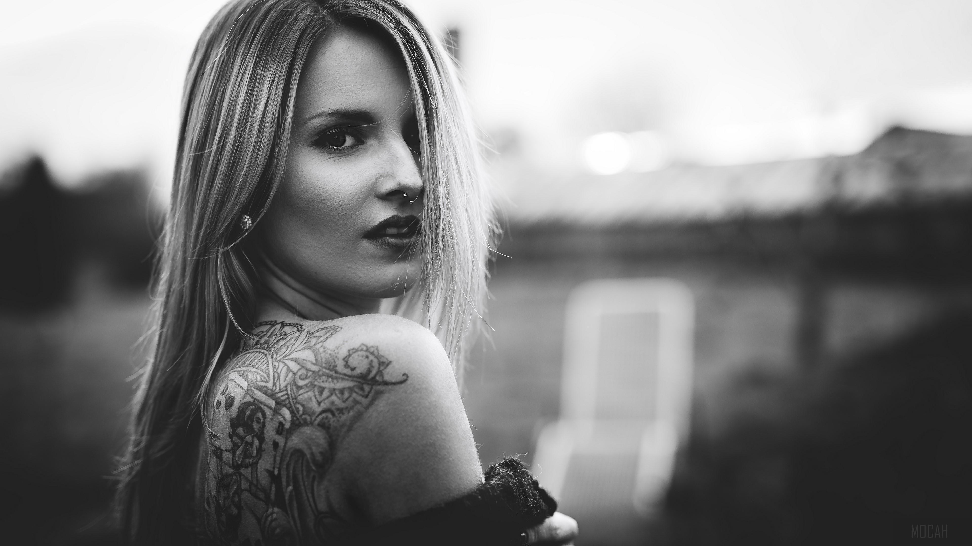 HD wallpaper, Tattoo, Girl, Black And White, Depth Of Field, Woman 4K