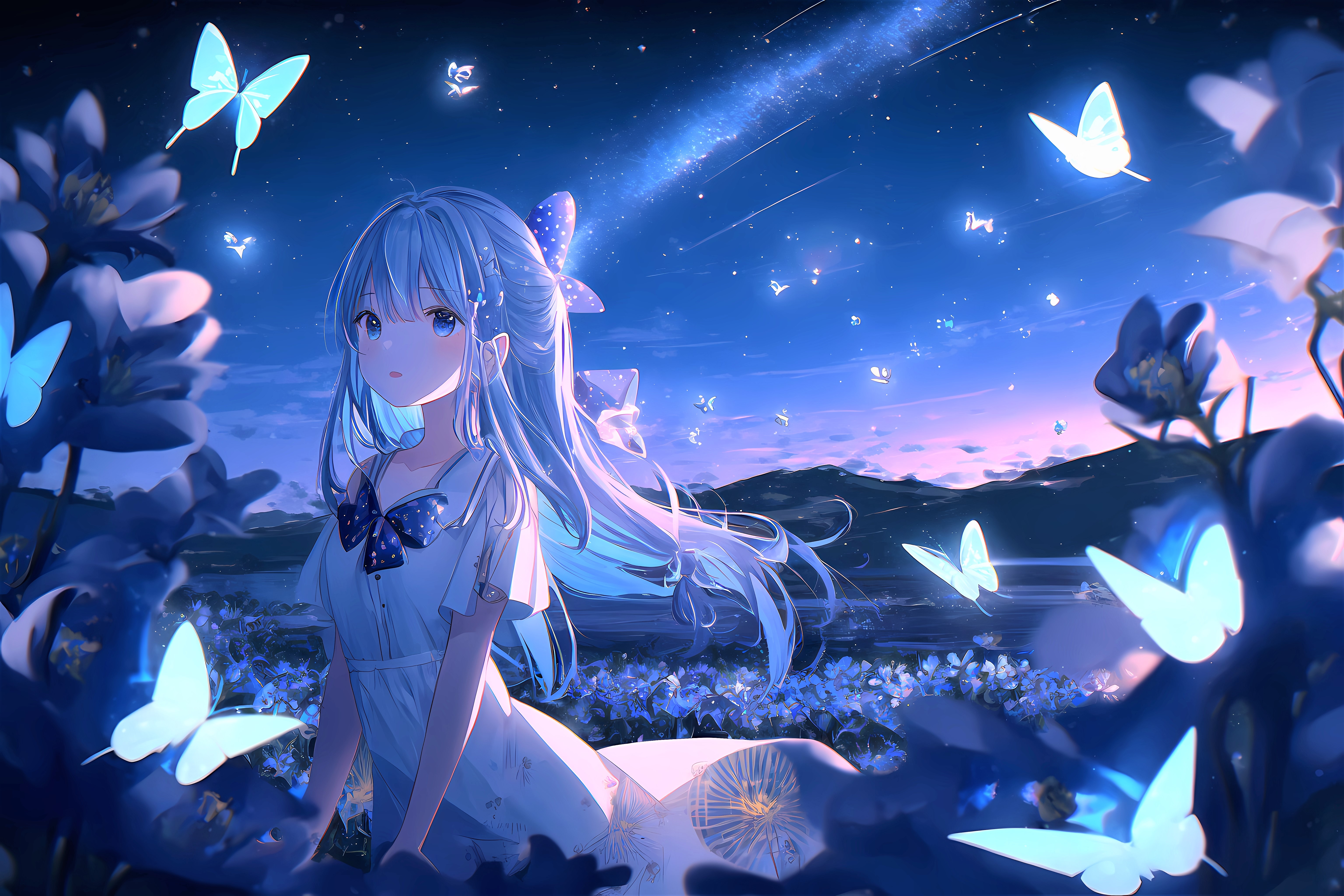 HD wallpaper, Anime Girl, Lonely, Surreal, Butterflies, Dream, 5K, Beautiful