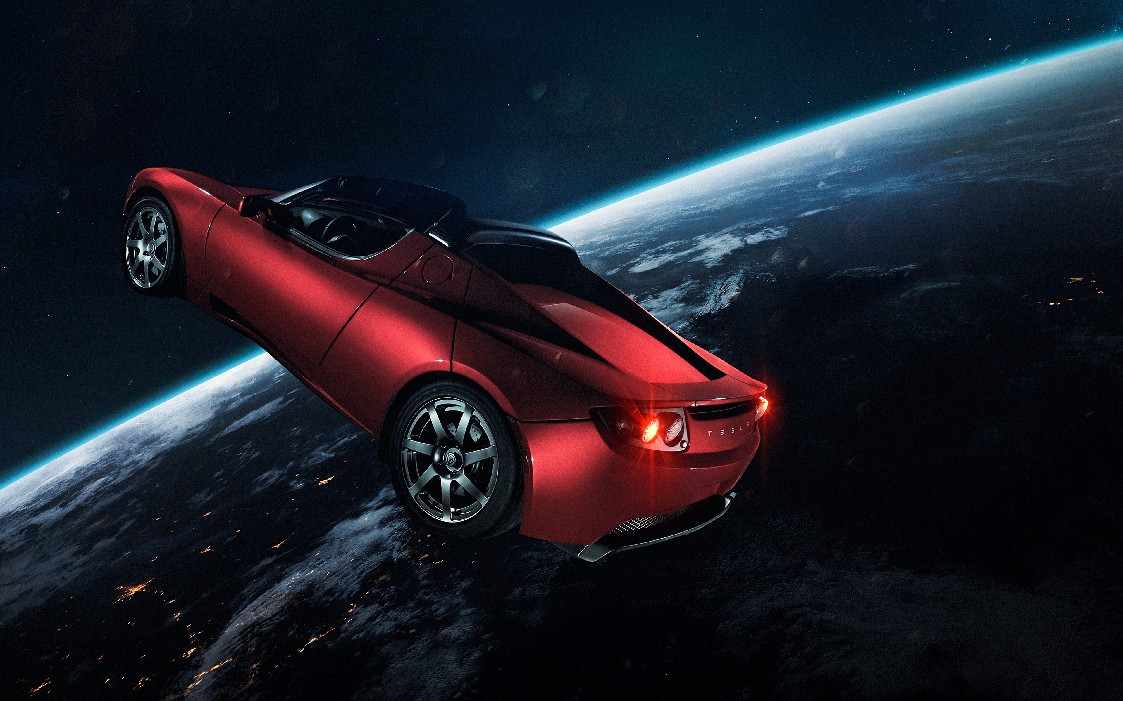 HD wallpaper, Electric Sports Cars, Red Cars, Earth, Horizon, Tesla In Space