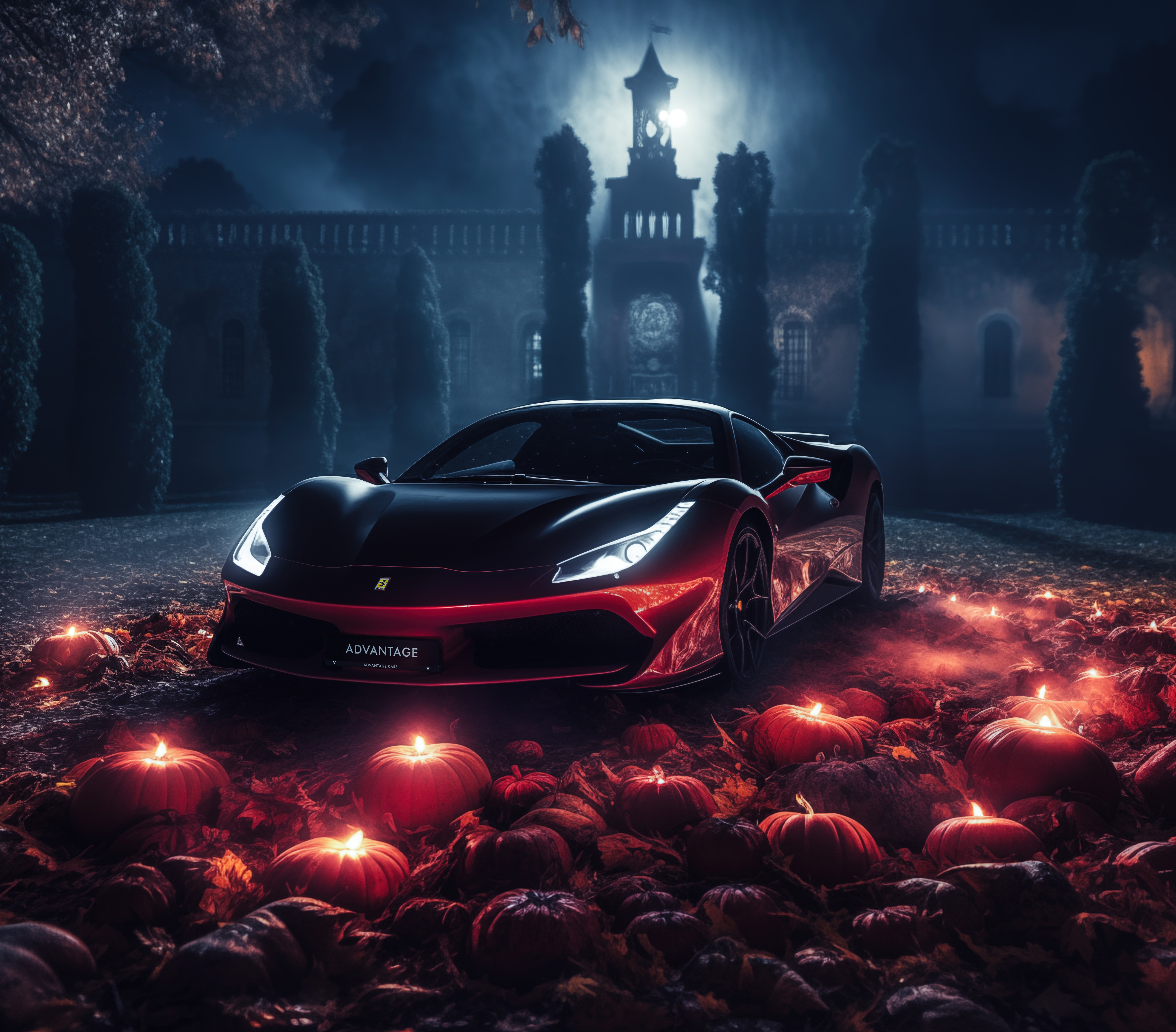 HD wallpaper, Ferrari, Sports Car, Castle, Darkness, 5K, Halloween Background, Pumpkins
