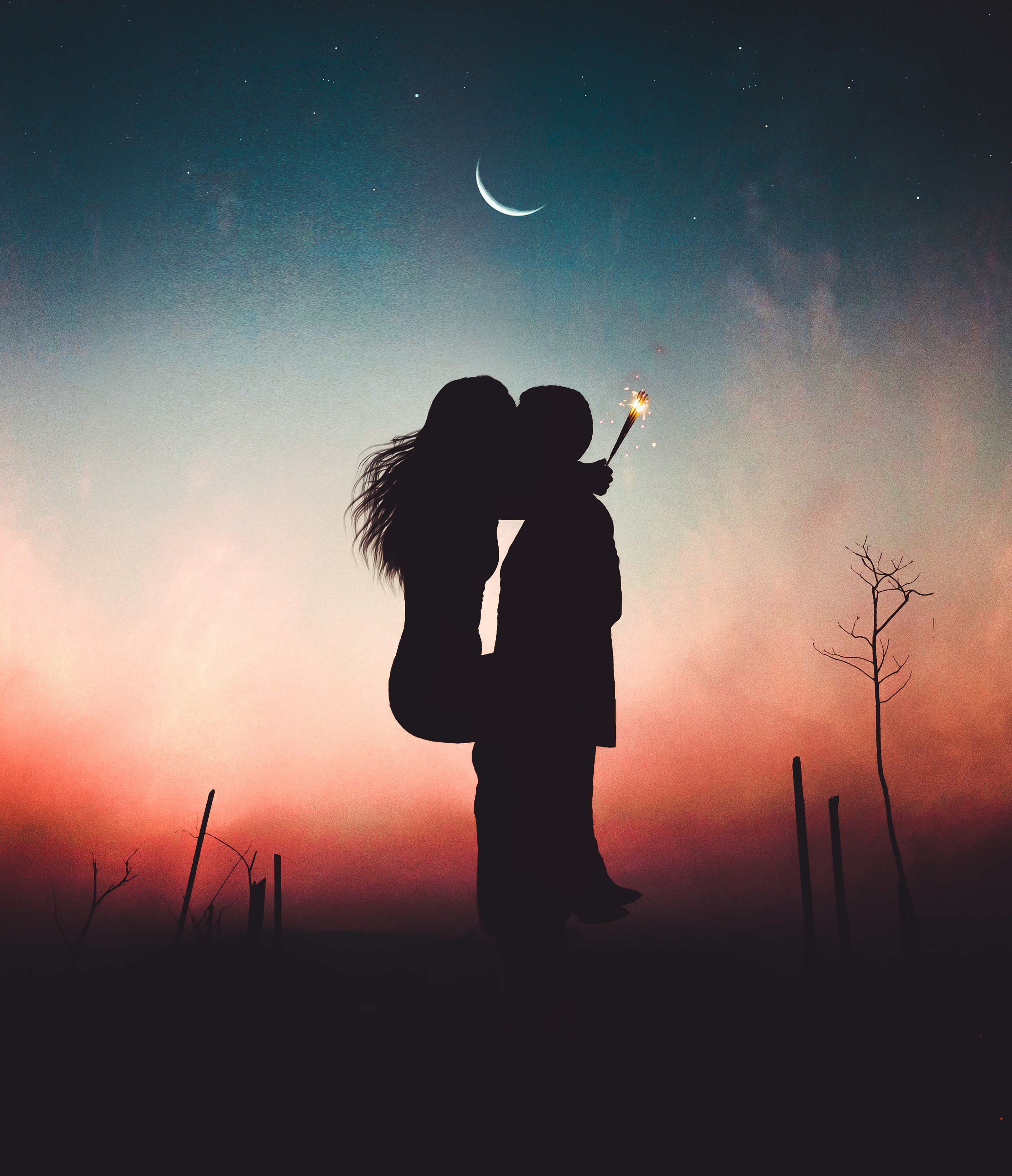 HD wallpaper, Romantic Kiss, Crescent Moon, Pair, Sunset, Couple, Together, Romance, Silhouette, Backlit, Sparklers, First Kiss