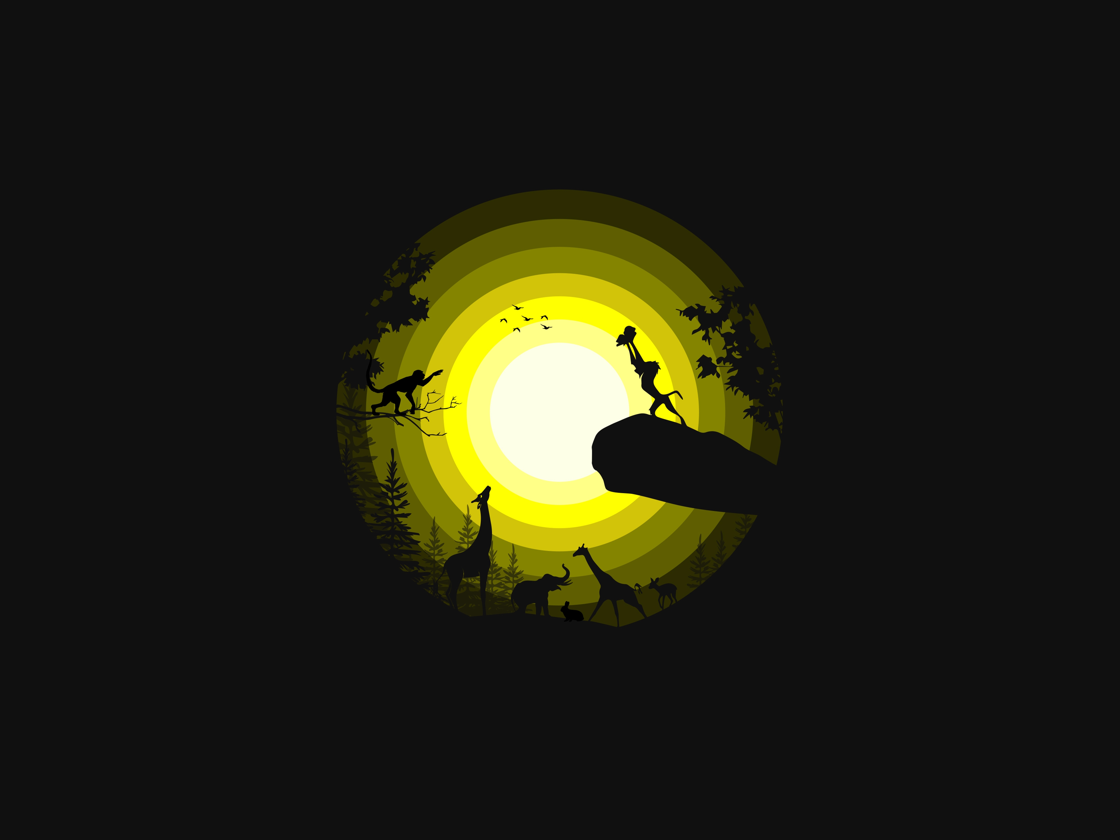 HD wallpaper, Black Background, The Lion King, Forest, Simple, Silhouette, Rafiki, Pride Rock, Simba, Yellow