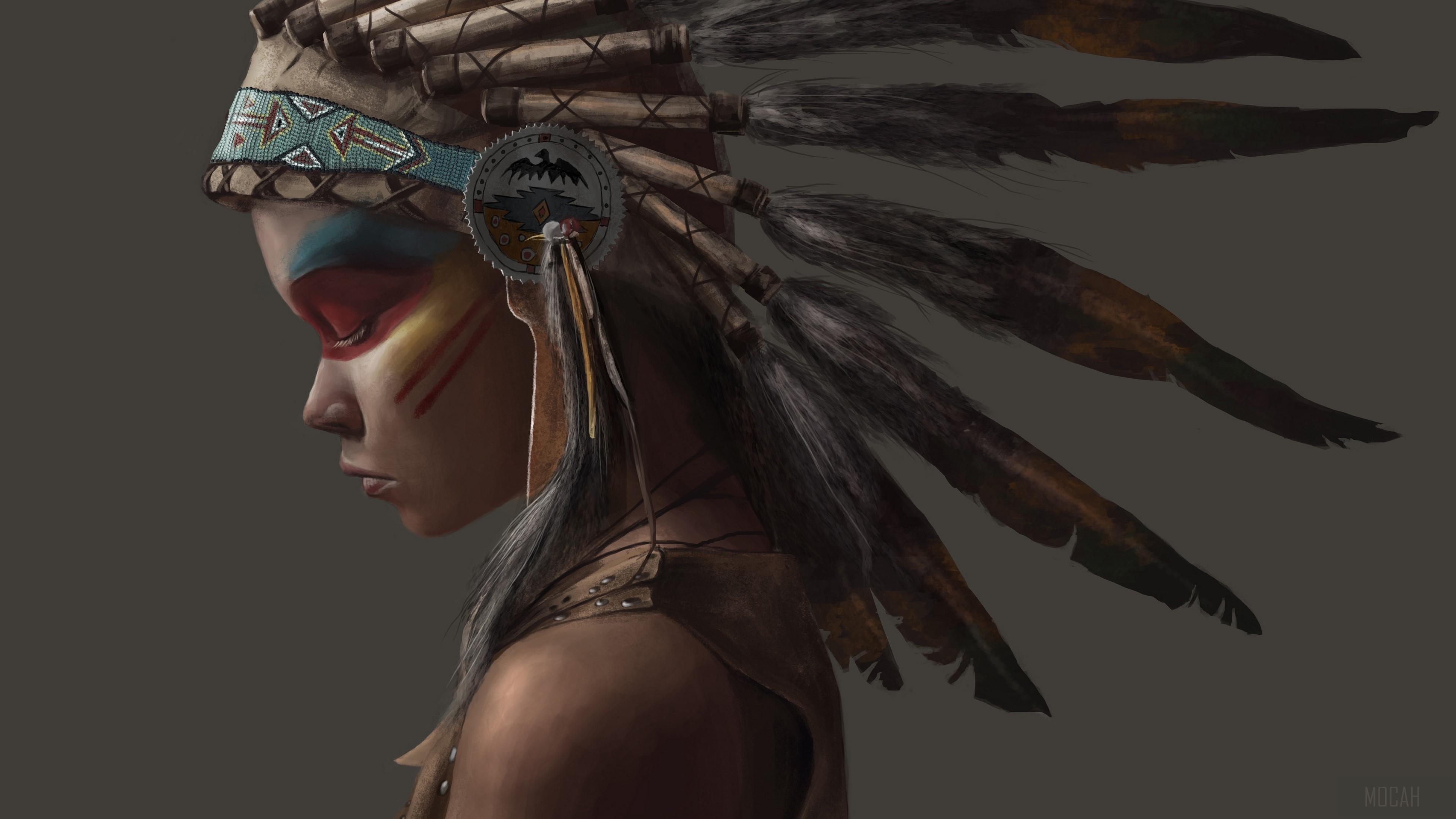 HD wallpaper, Girl, Feather, Native American 4K
