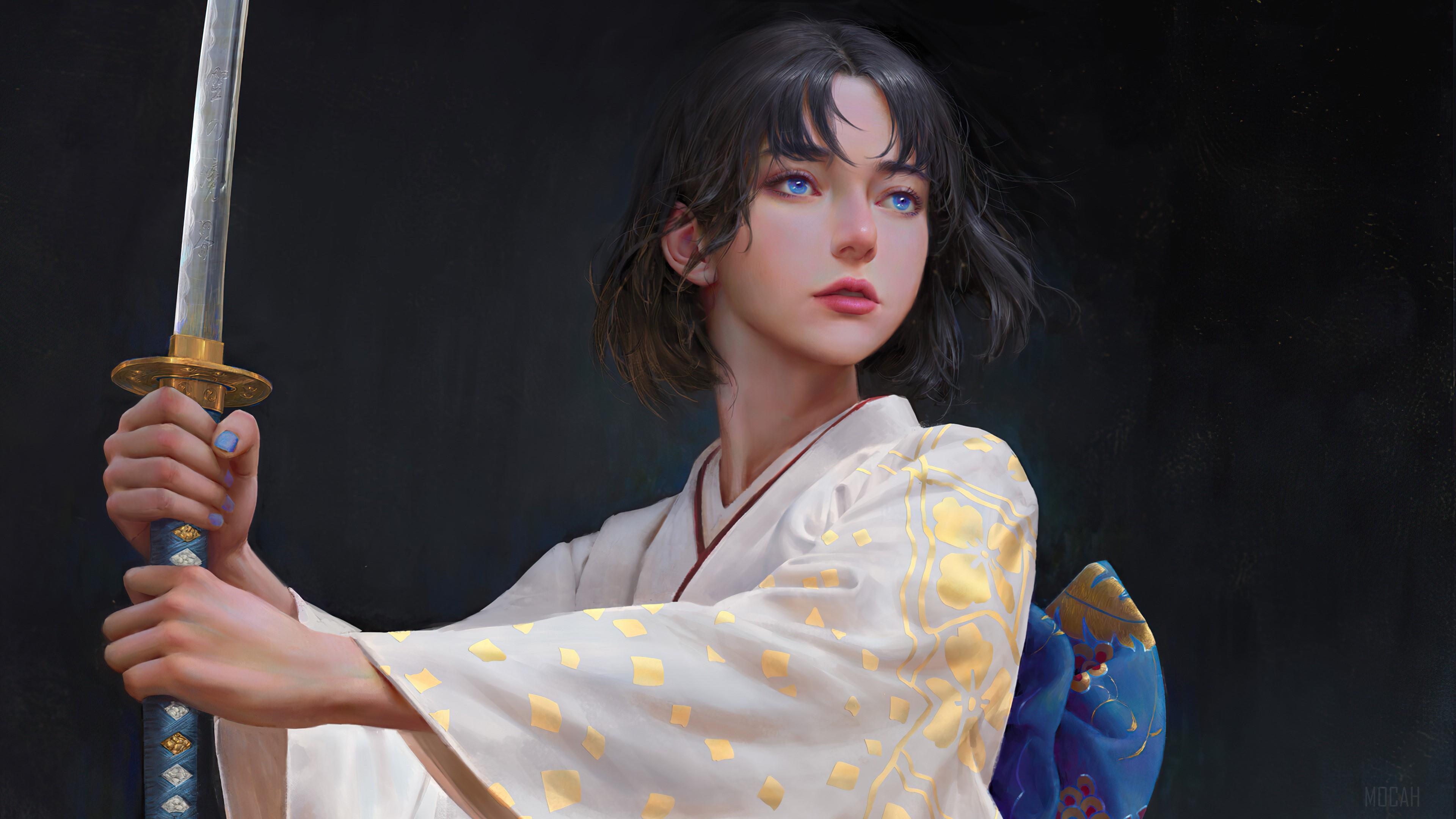 HD wallpaper, Kimono, Anime, Art 4K, Girls, Japanese, Katana