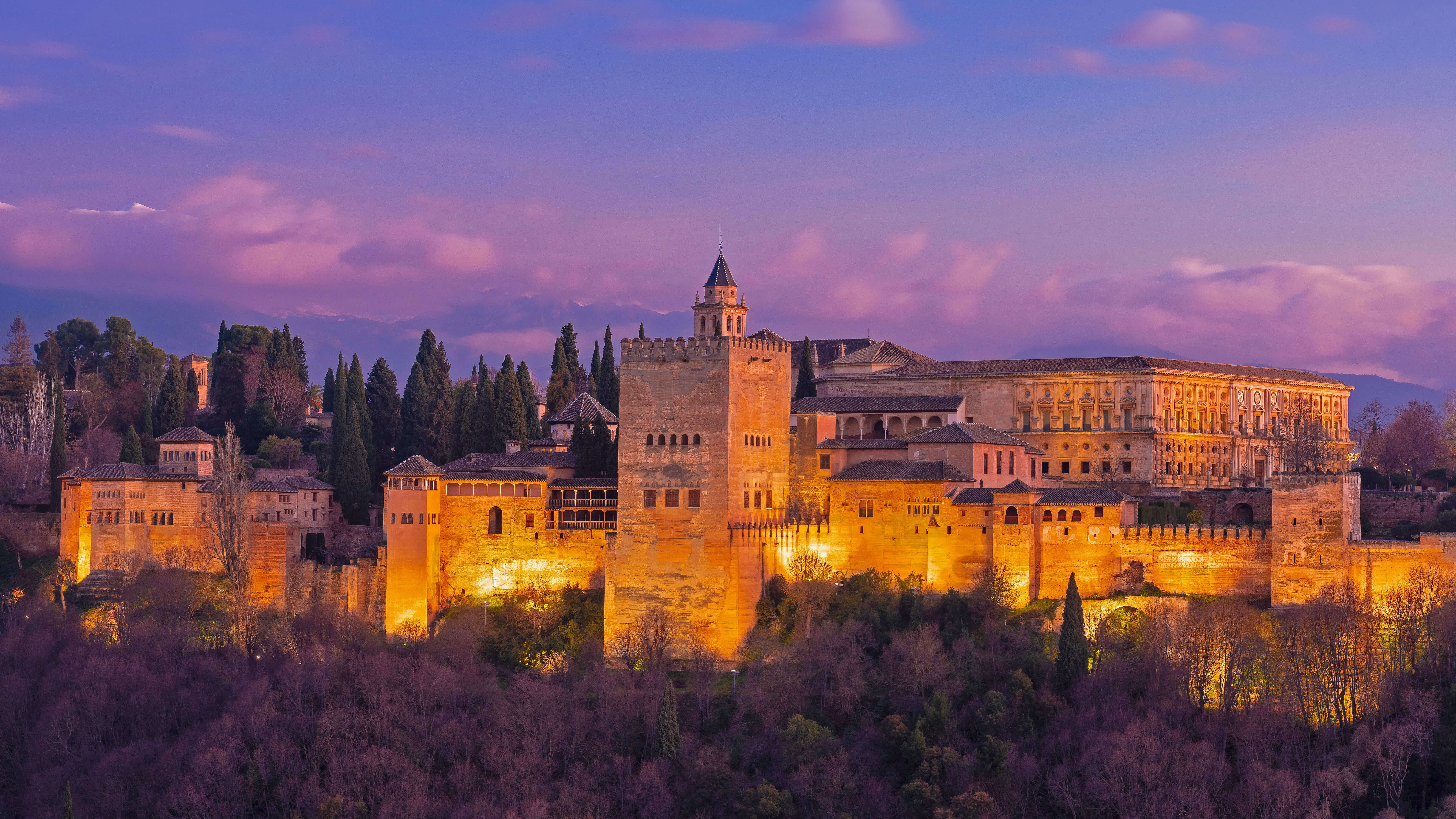 HD wallpaper, Historical Landmark, Granada, Spain, 5K, Nasrid Palaces, Ancient Architecture, Purple Sky, Night