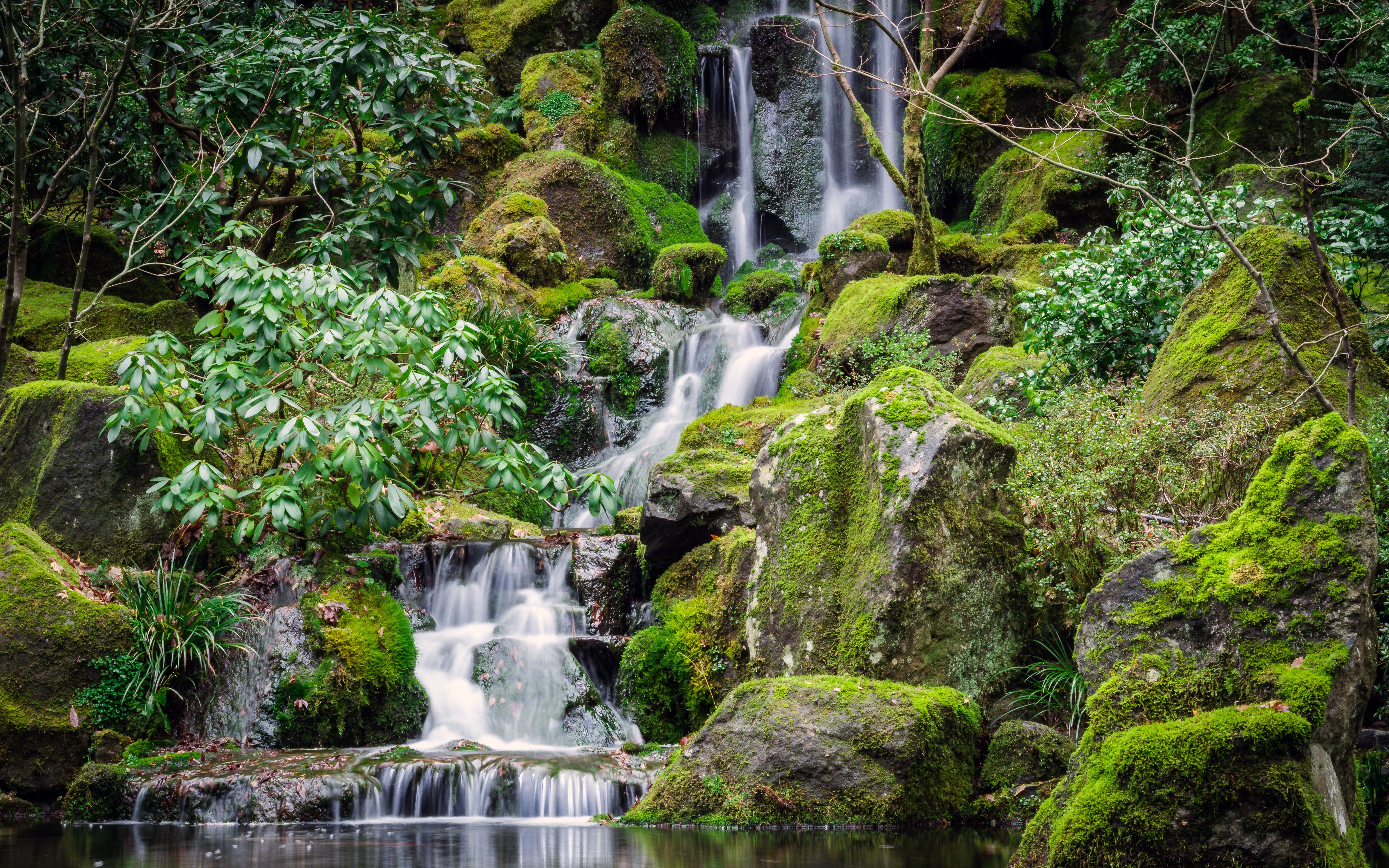 HD wallpaper, Rocks, Portland Japanese Gardens, Water Stream, Long Exposure, Green Moss, Greenery, Waterfalls, 5K