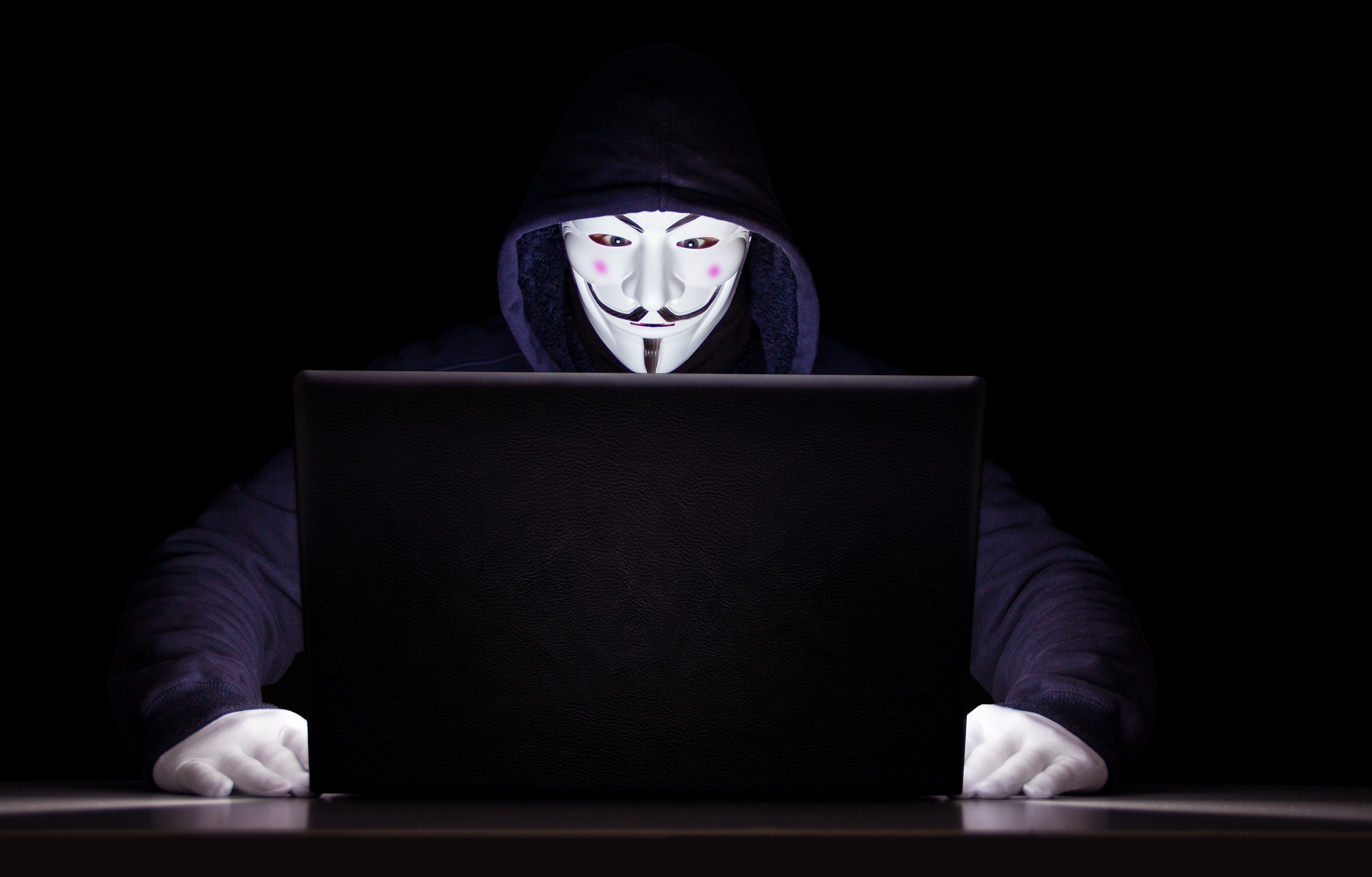 HD wallpaper, Black Background, 5K, Laptop, Hacker, Anonymous, Hacking