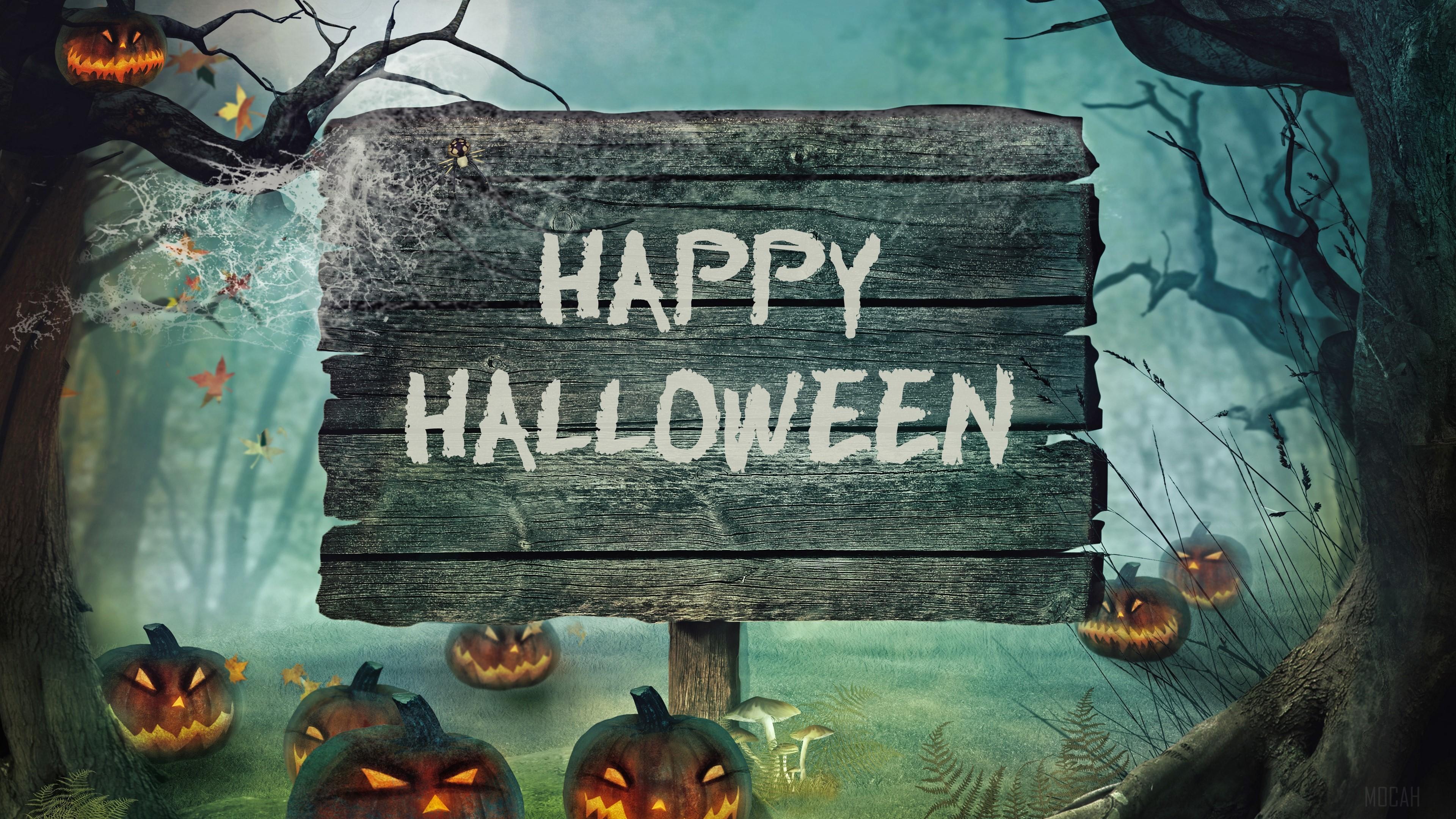 HD wallpaper, Jack O Lantern, Happy Halloween, Halloween, Sign, Moon, Spooky, Tree 4K