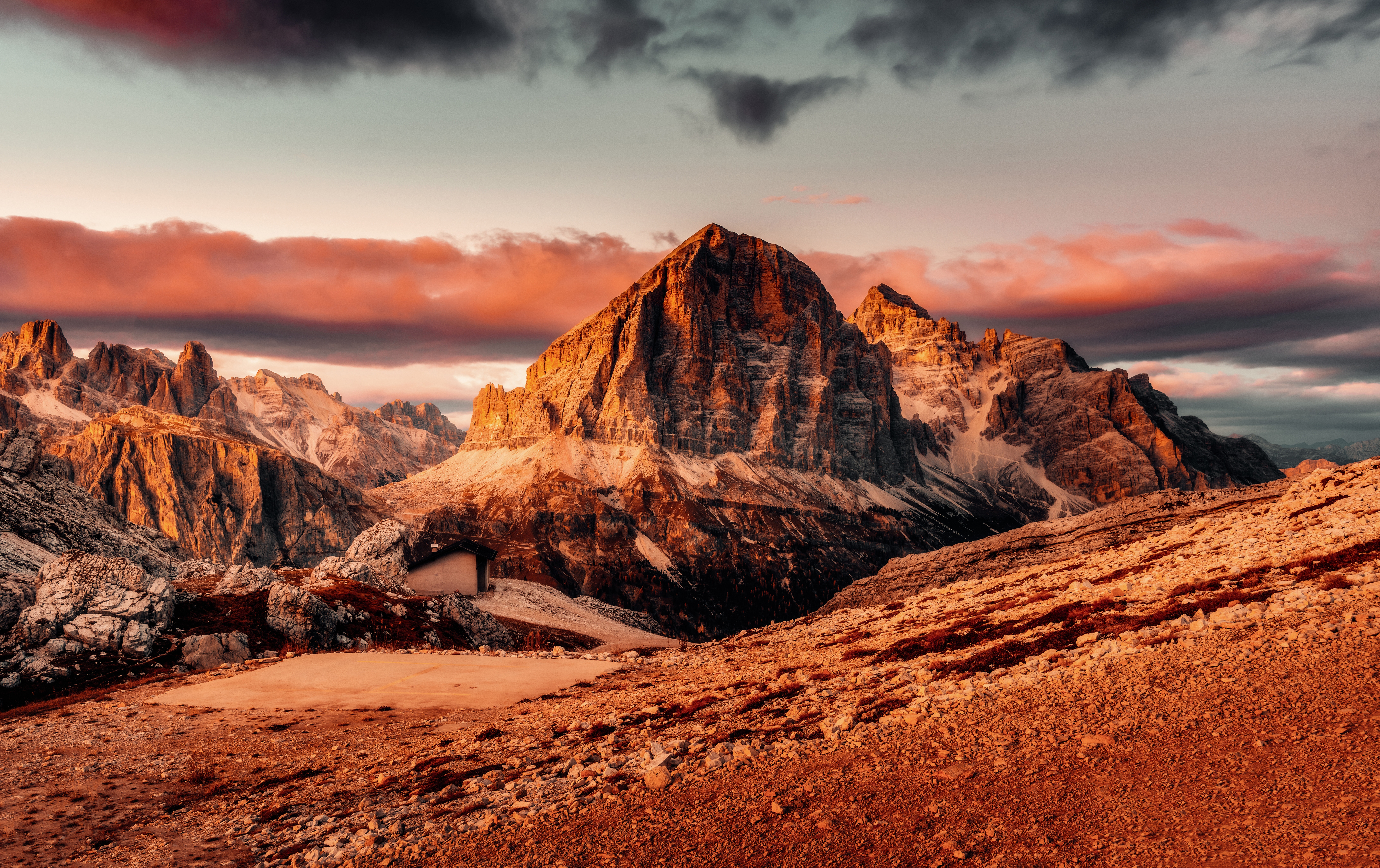 HD wallpaper, Sunset, 5K, 8K, Italian Alps, Dolomite Mountains, Mountain View, Summer, Landscape, High Rocks