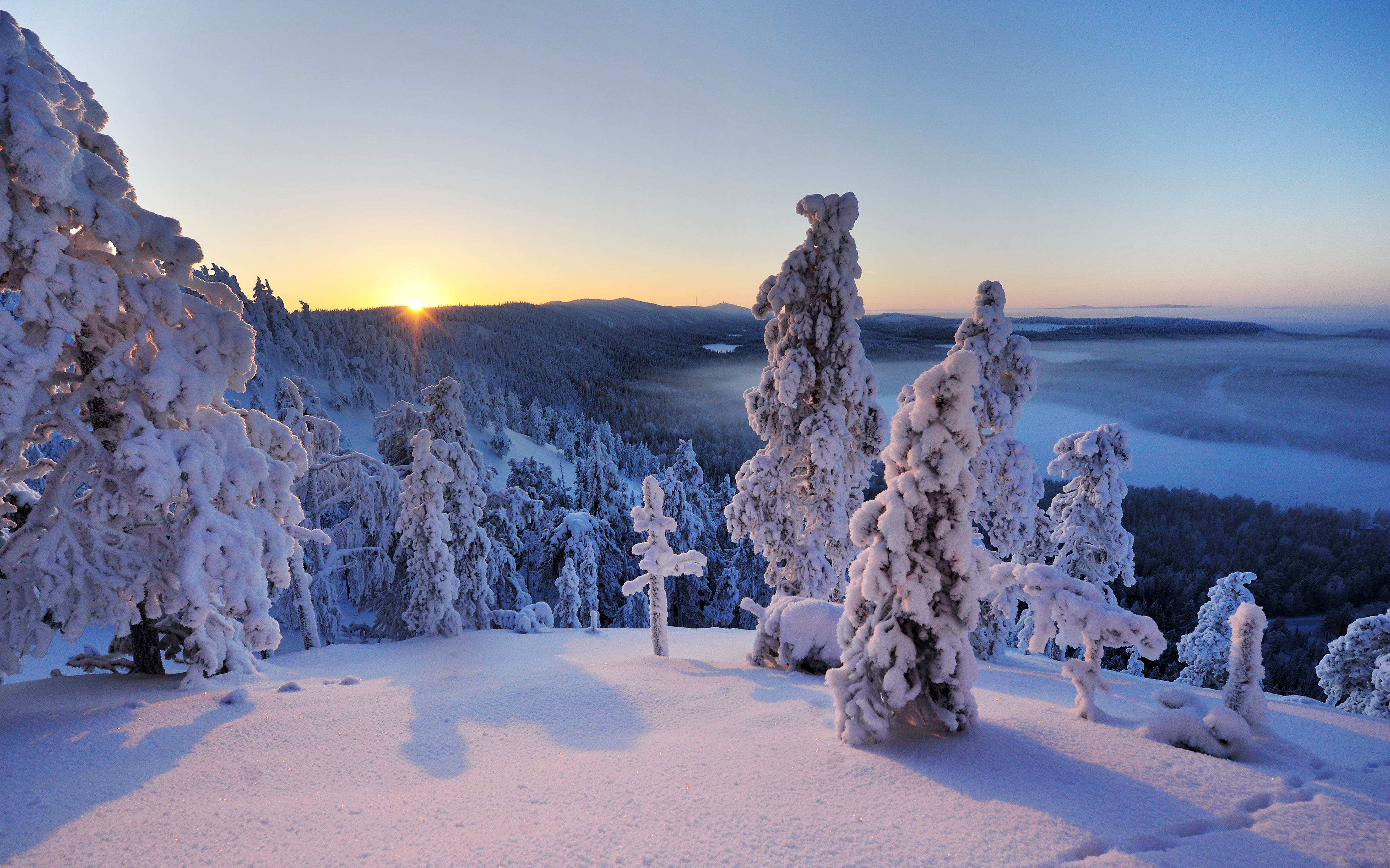 HD wallpaper, Winter, Snowy Trees, Snow Covered, Hill, Finland, Sunrise, Horizon, Konttainen Fell, Landscape