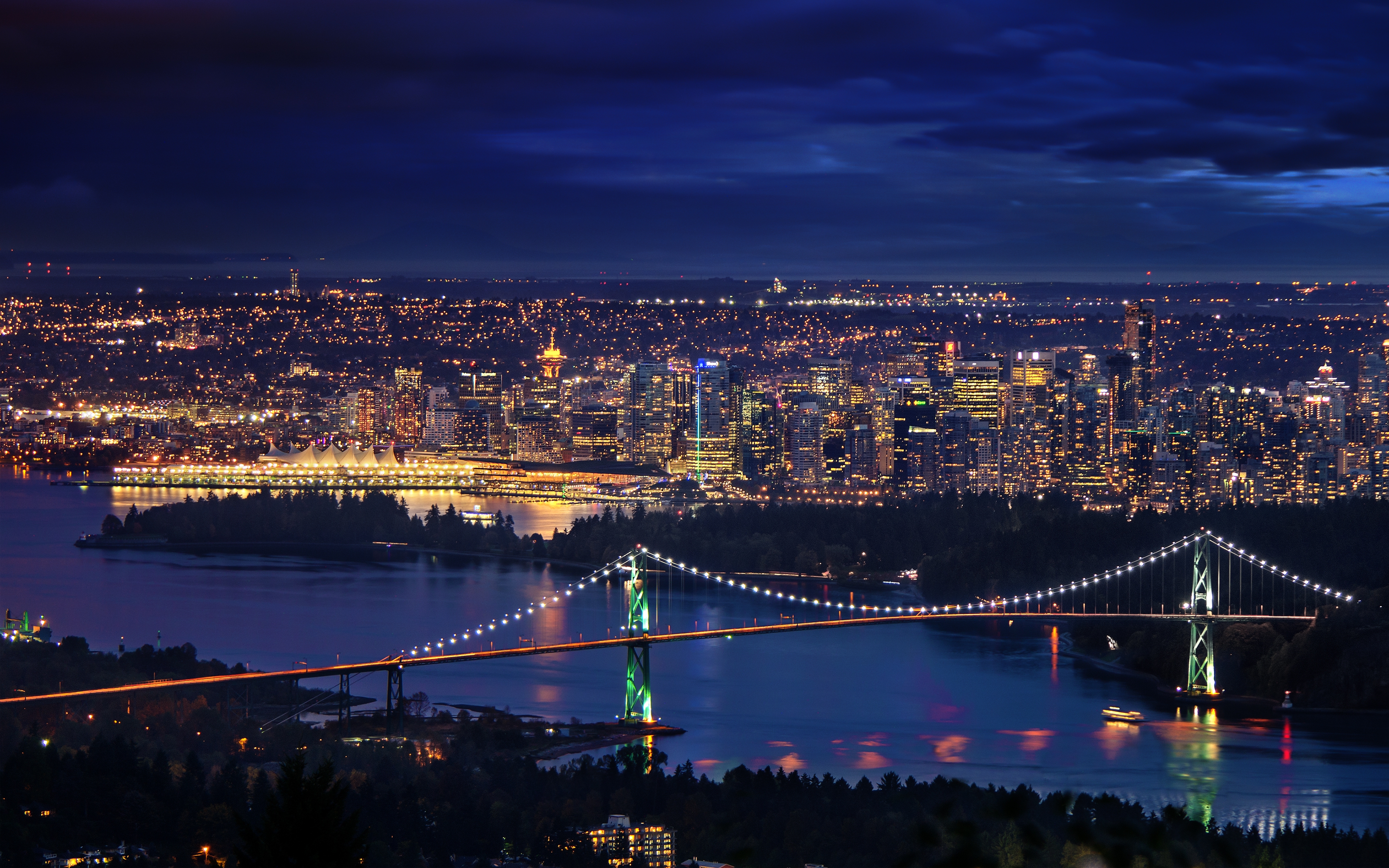 HD wallpaper, Night Time, Long Exposure, Cityscape, Canada, Horizon, Suspension Bridge, Vancouver City, Dark Sky, City Lights, Lions Gate Bridge