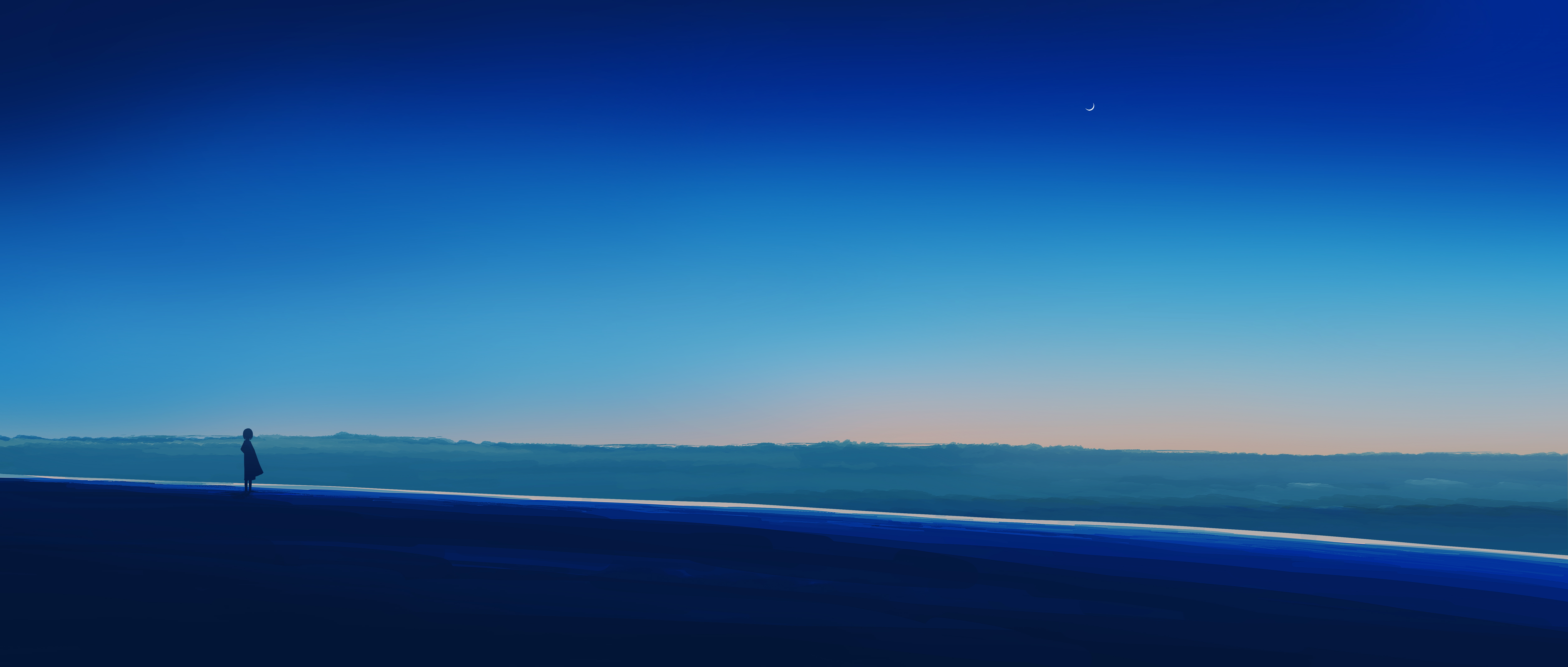 HD wallpaper, Horizon, Lonely, Mood, Alone, Crescent Moon, 5K, Panoramic, Blue Sky