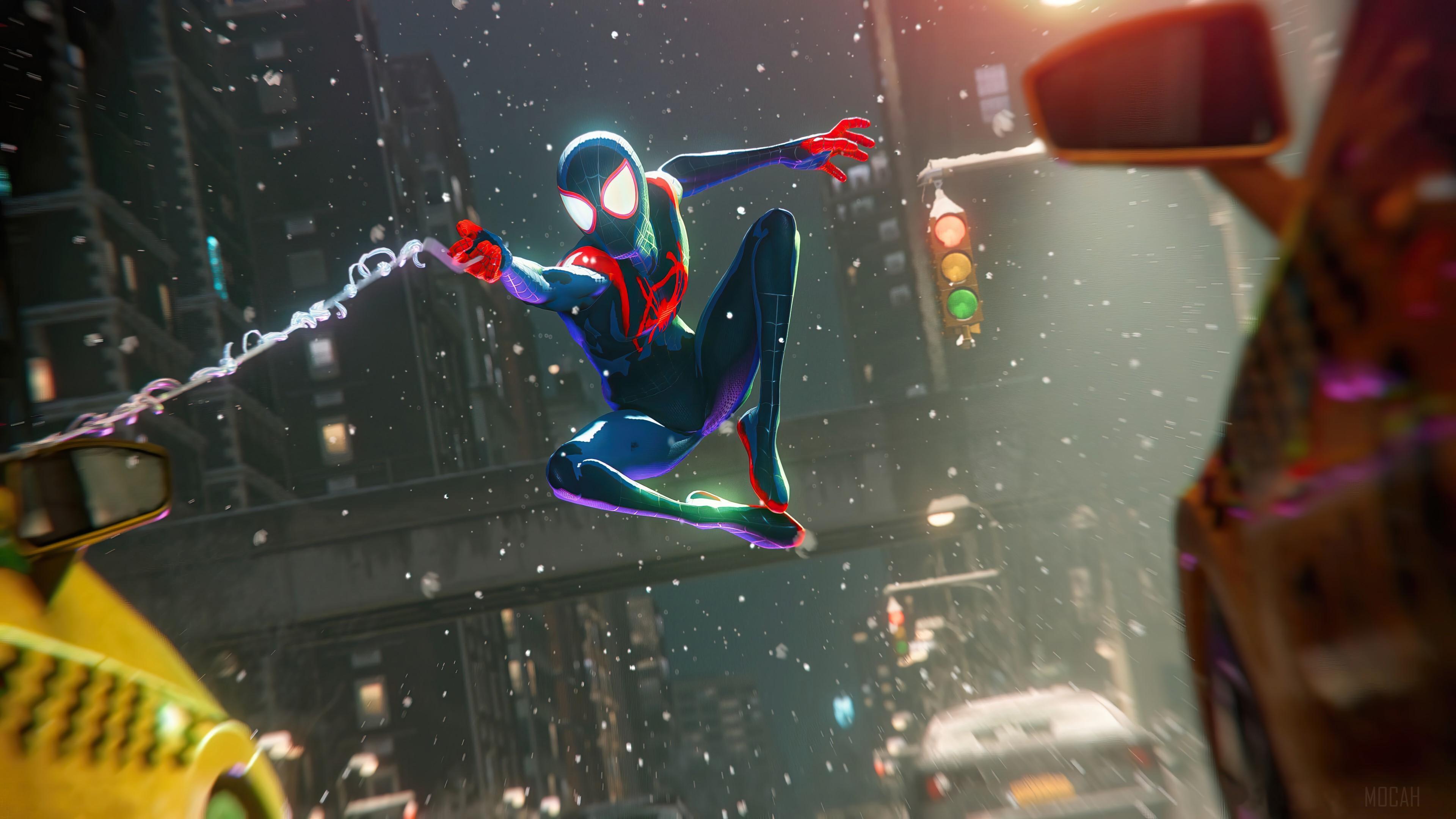 HD wallpaper, Into The Spider Verse Suit 4K, Playstation 5, Insomniac, Marvels Spider Man Miles Morales, Video Game