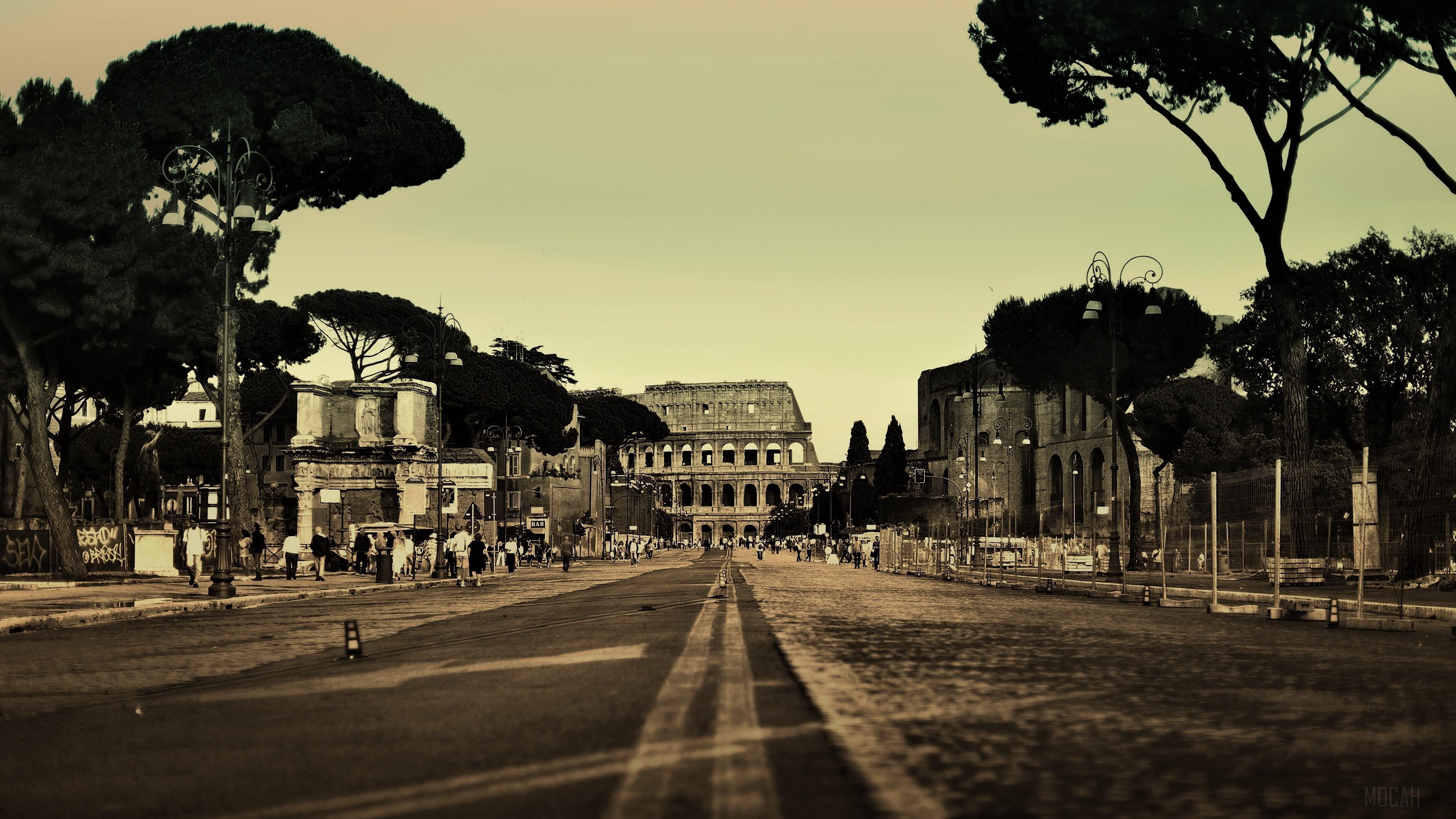 HD wallpaper, Street, Trees 4K, City, Road, Colosseum, Rome, Italy, People