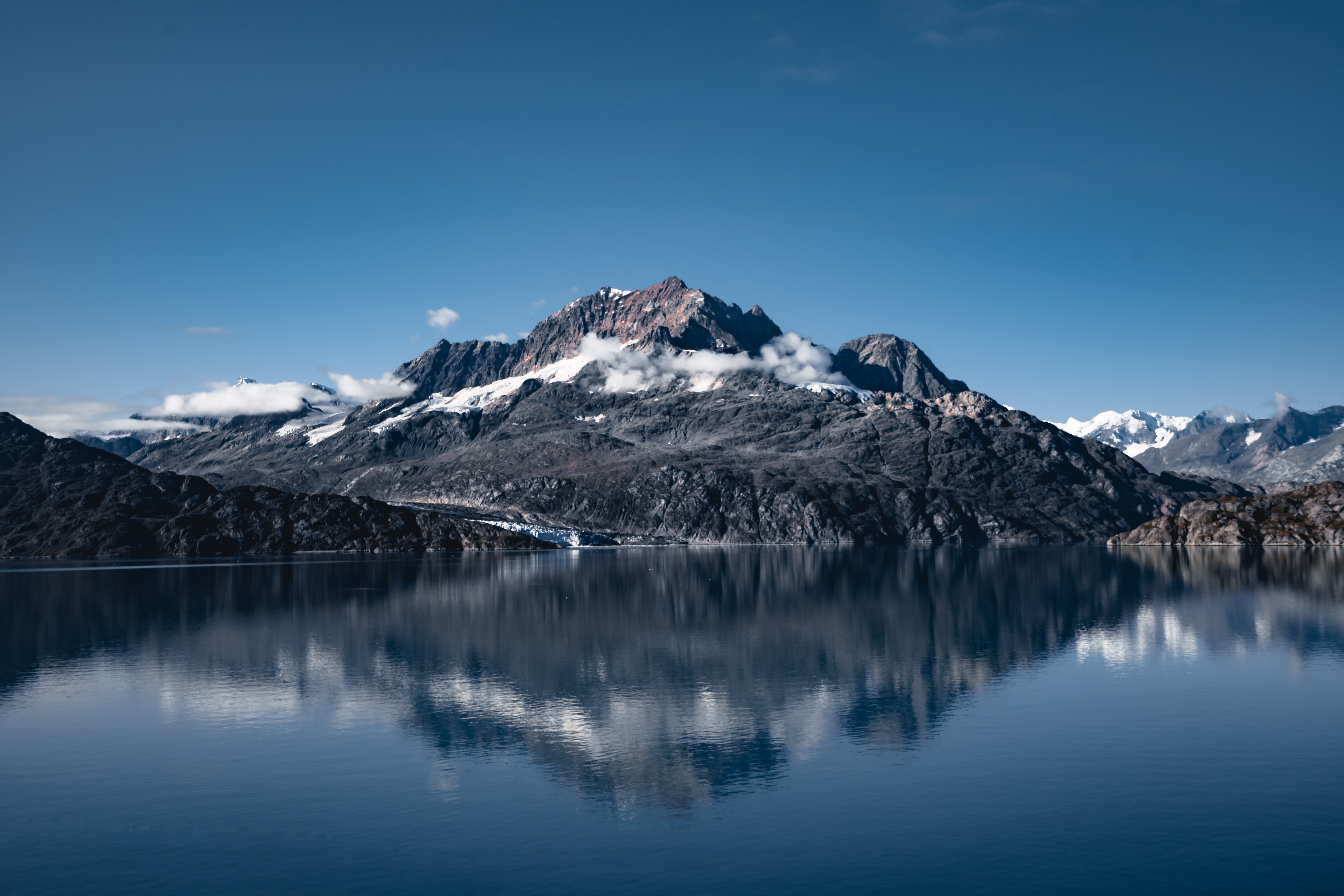 HD wallpaper, Mountain Range, 5K, Clear Sky, Landscape, Body Of Water, Famous Place, Reflection, Alaska, Mount Copper, Lamplugh Glacier, Glacier Bay National Park, 8K