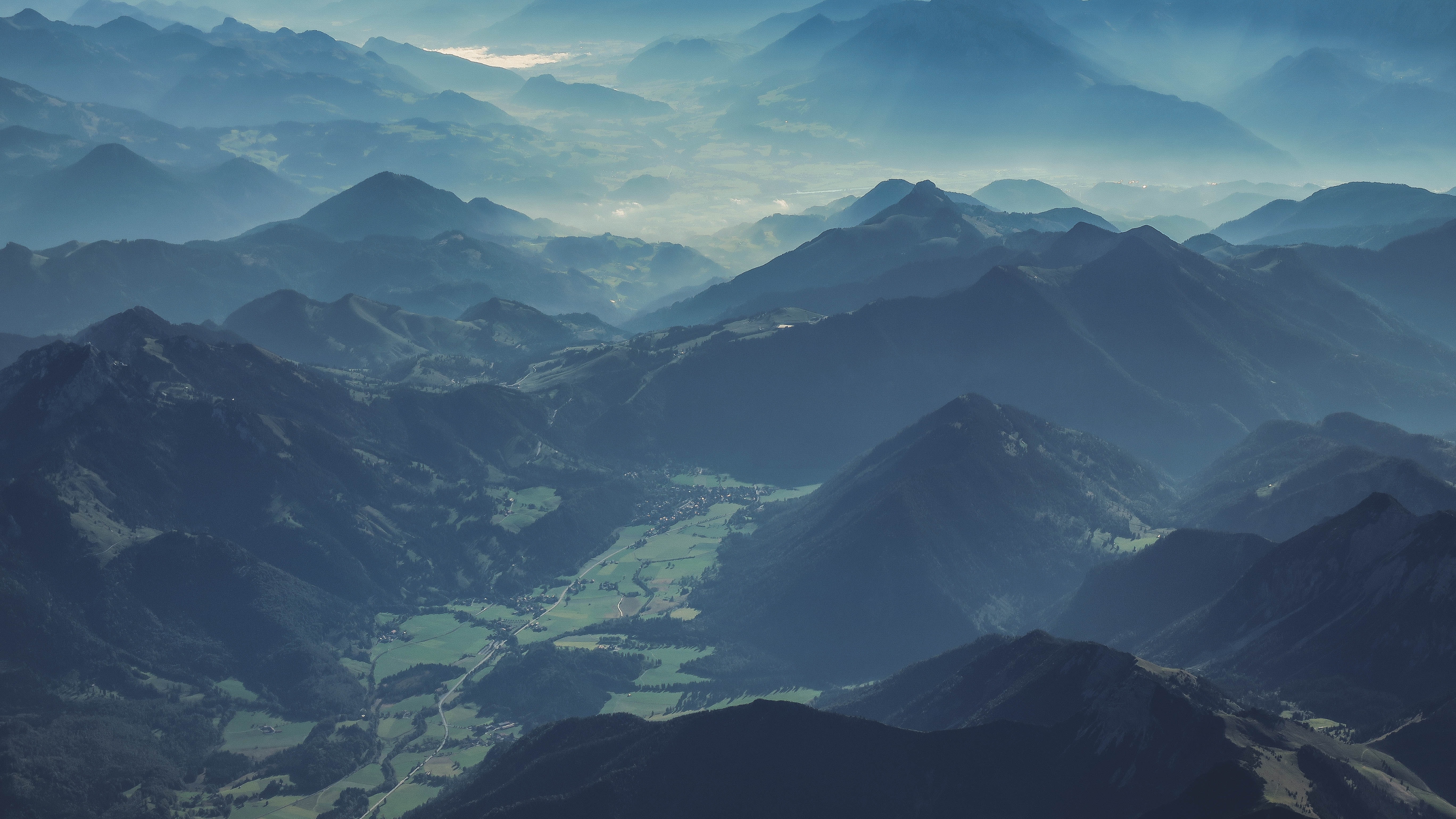 HD wallpaper, Mountain Range, Valley, 5K, Austria, Brandenberg Alps, Landscape, Mist, Aerial View