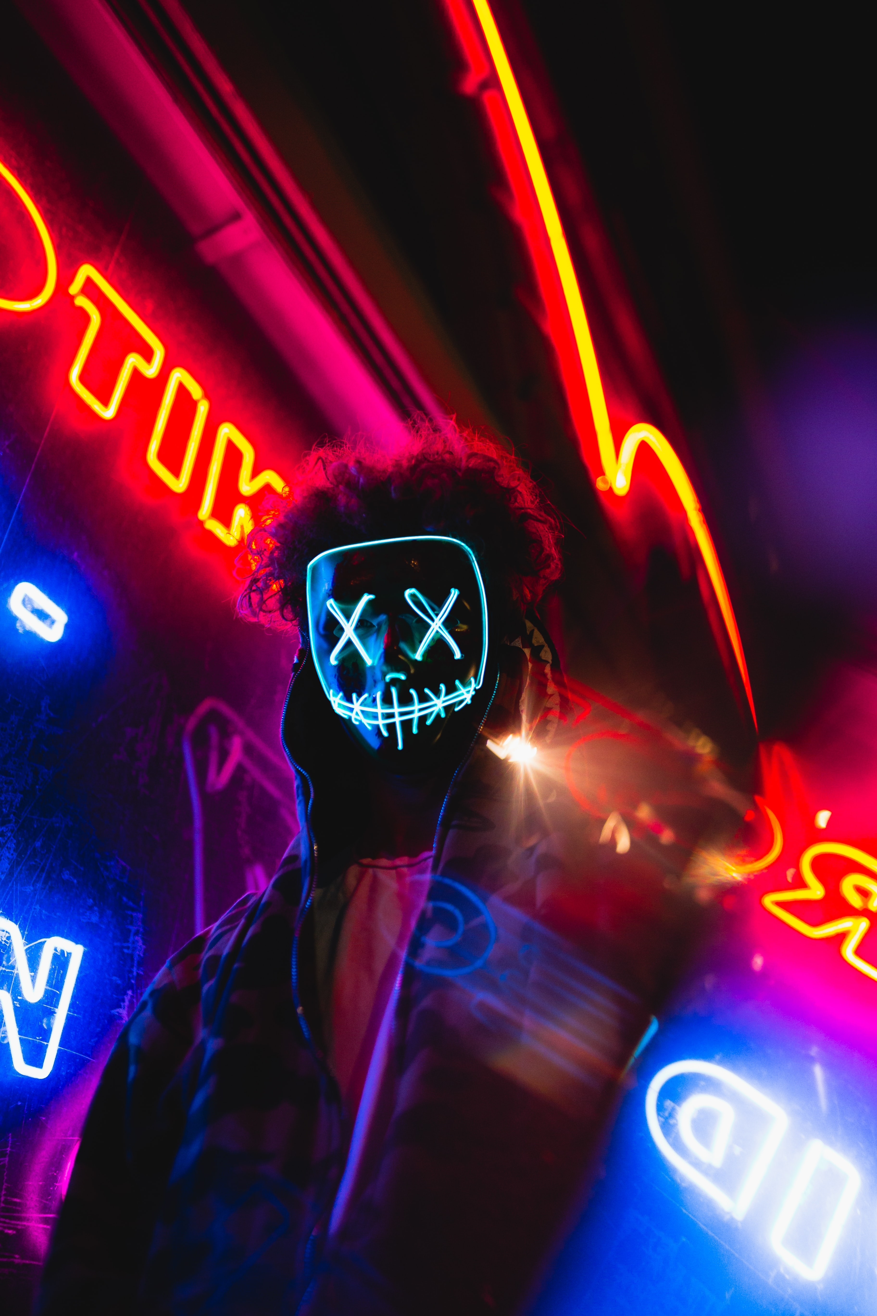 HD wallpaper, Led Mask, Anonymous, 5K, Portrait, Dope, Colorful, Neon Lights