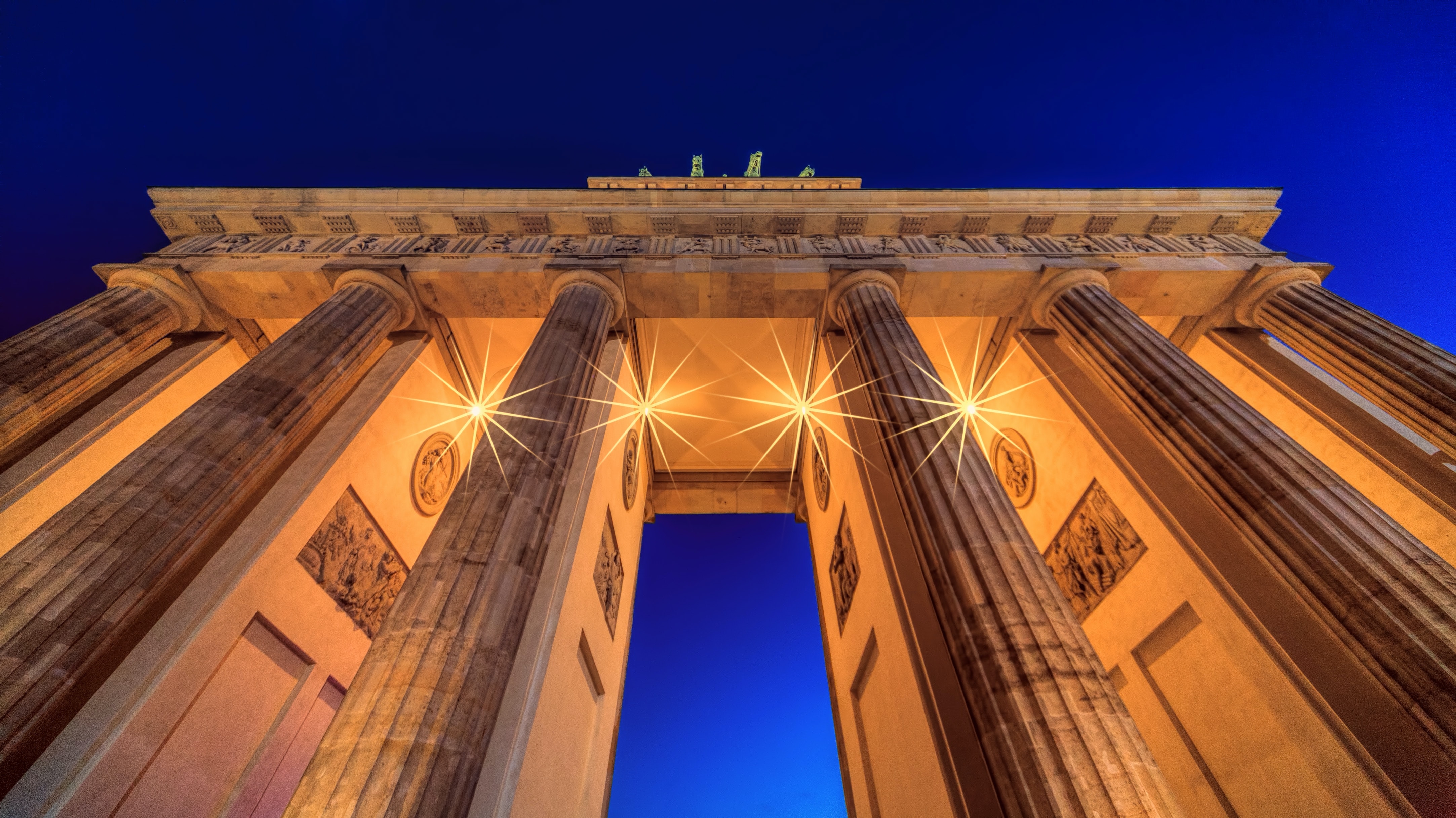 HD wallpaper, Low Angle Photography, Night, Germany, Blue Sky, Lights, Berlin, Arch, Brandenburg Gate