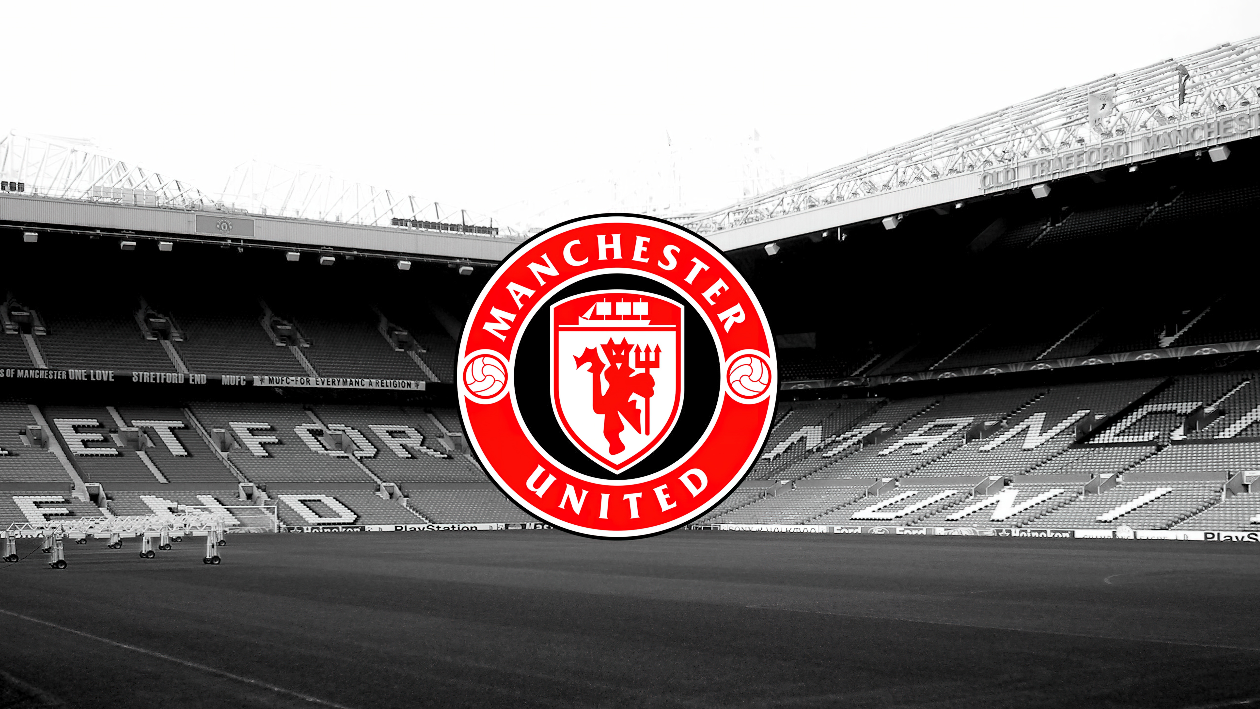 HD wallpaper, Monochrome Background, 5K, Stadium, Logo, Manchester United