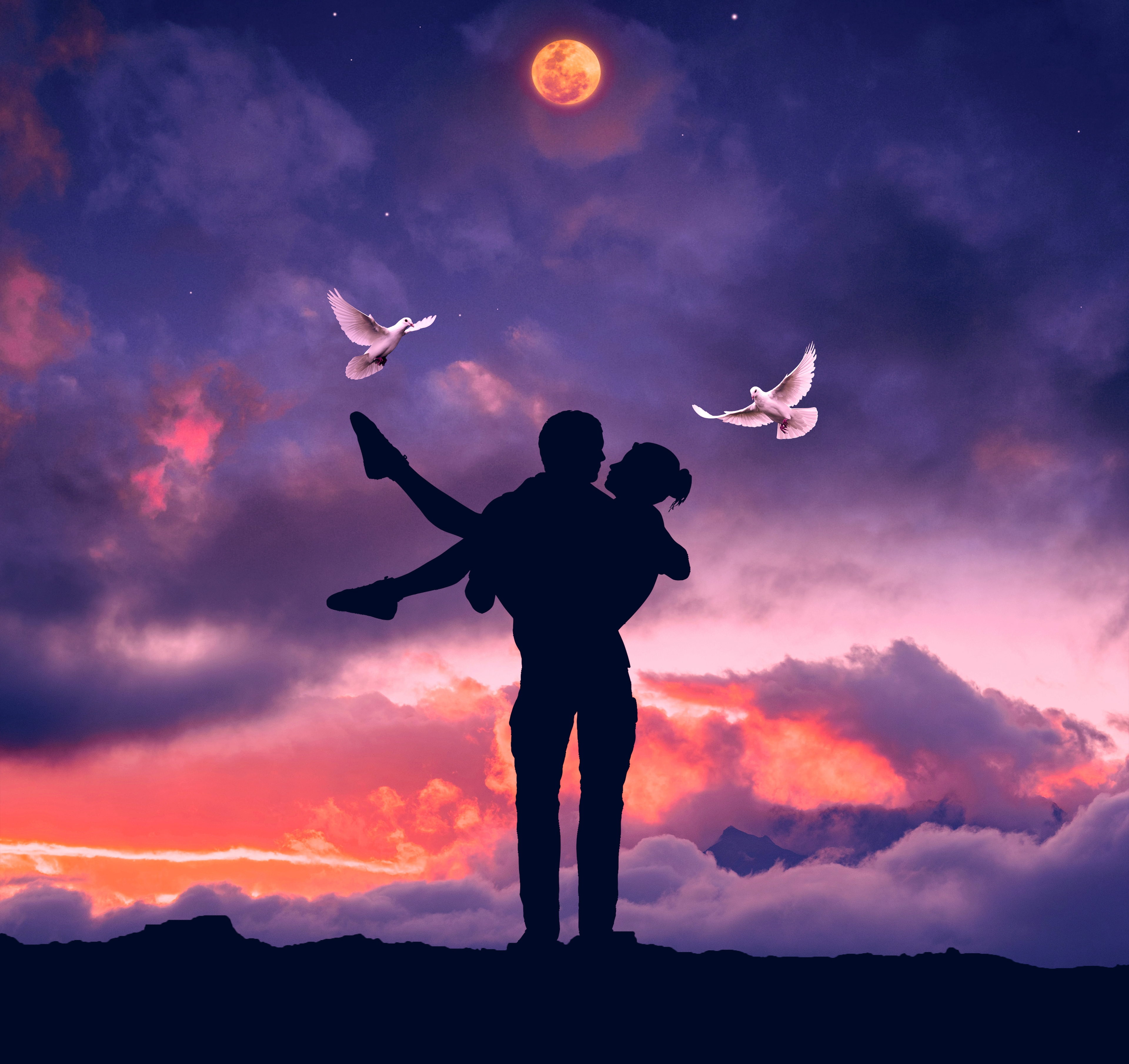 HD wallpaper, Lifting, Love Birds, Silhouette, Sunset, Romantic, White Pigeons, Couple, Moon, Surreal