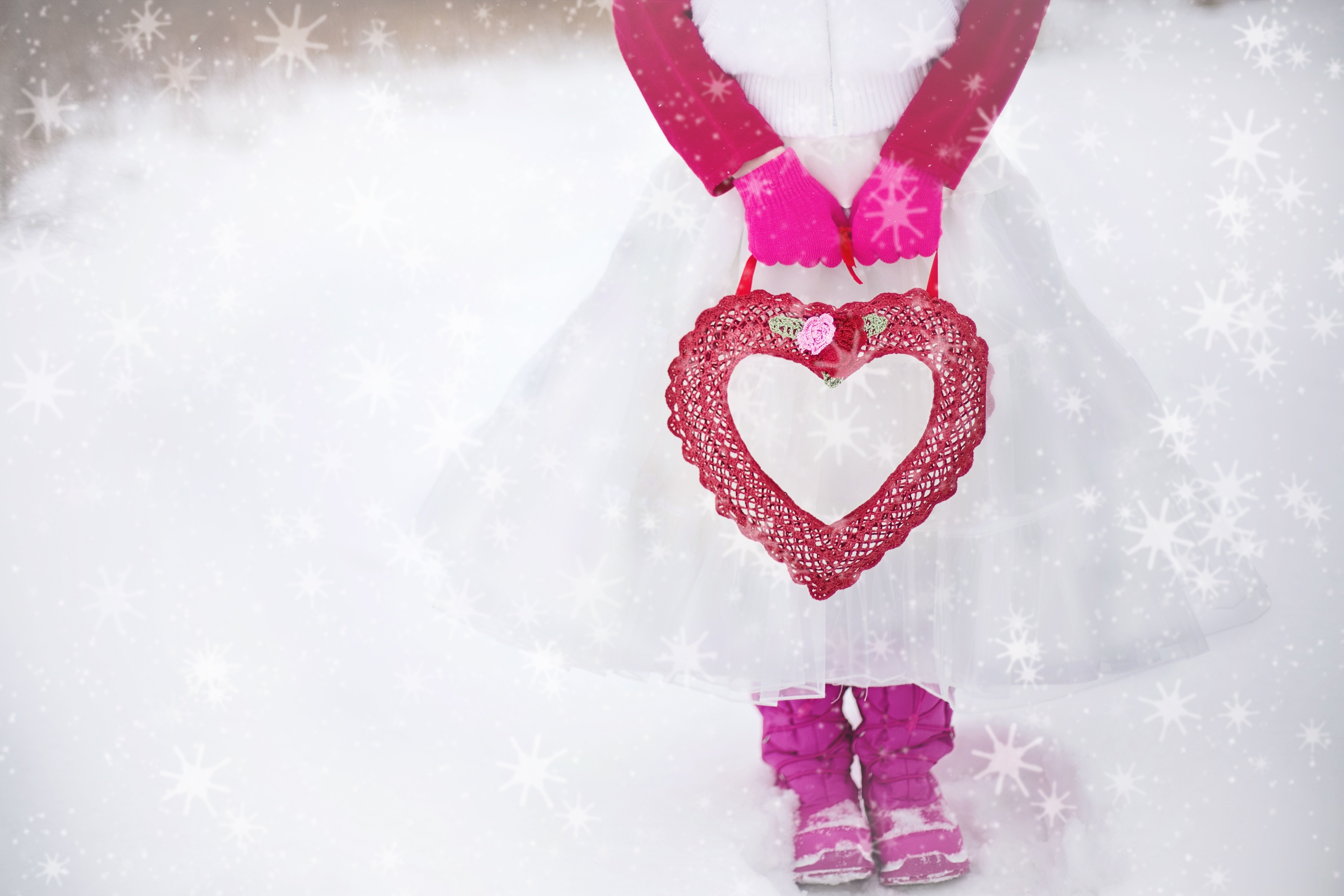 HD wallpaper, Romantic, Girly, Love Heart, Girl, Snow, Red Heart, 5K, Valentine, February, Winter