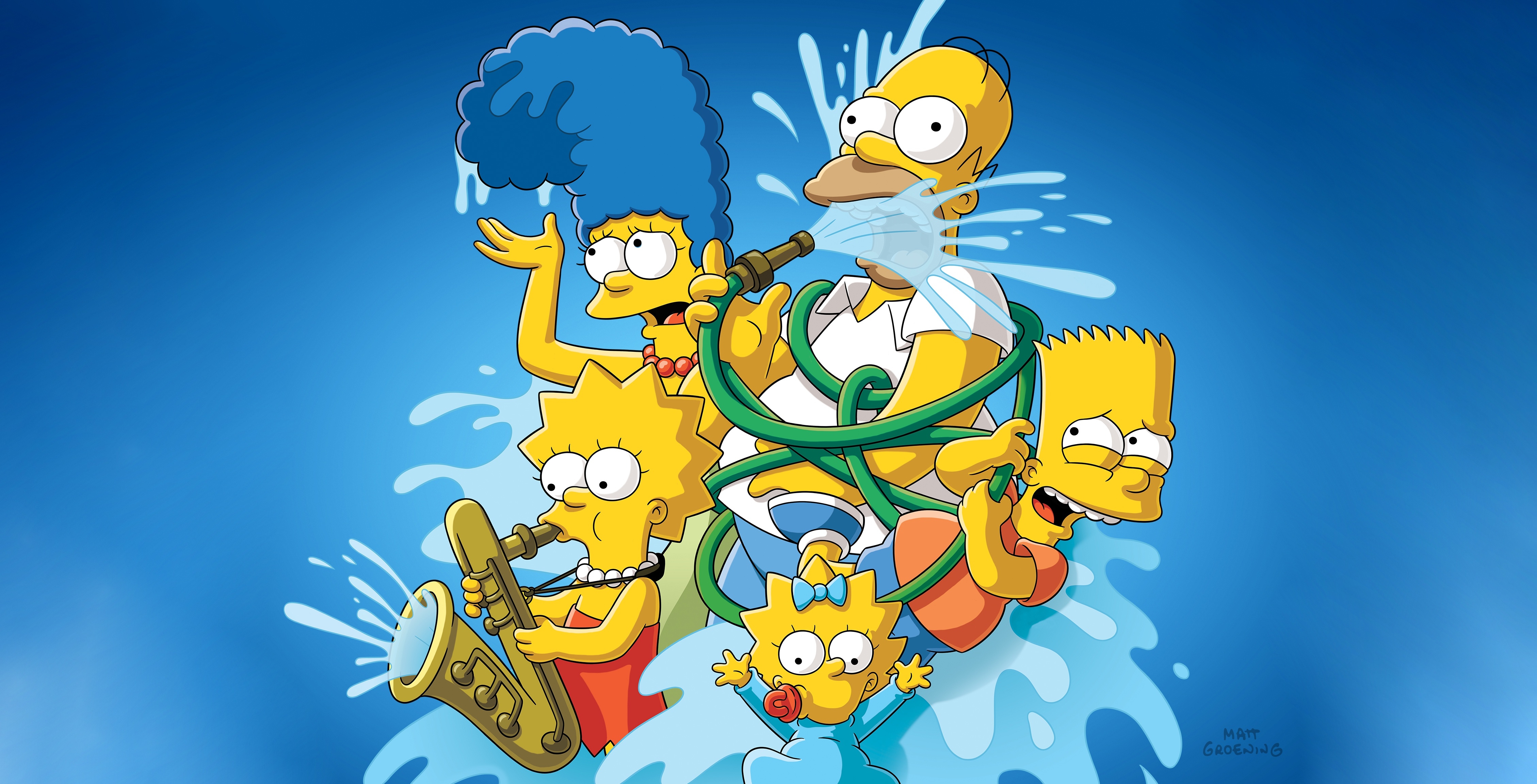 HD wallpaper, Bart Simpson, Marge Simpson, The Simpsons, Homer Simpson, Maggie Simpson, Blue Background, Simpson Family, Lisa Simpson