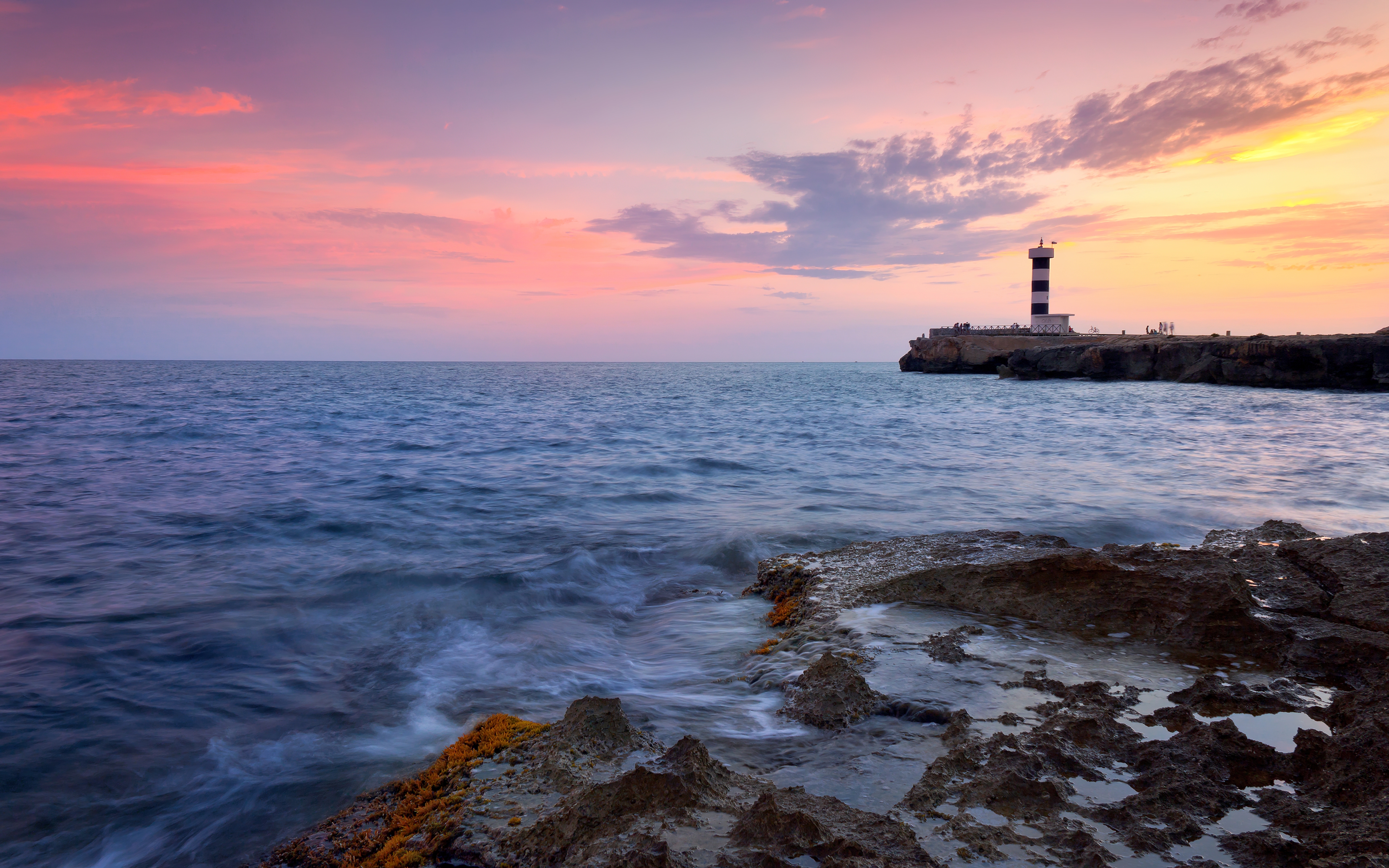 HD wallpaper, Mallorca Island, Ocean, Colonia Sant Jodi, Lighthouse, Sunset, Rocky Shore, Spain