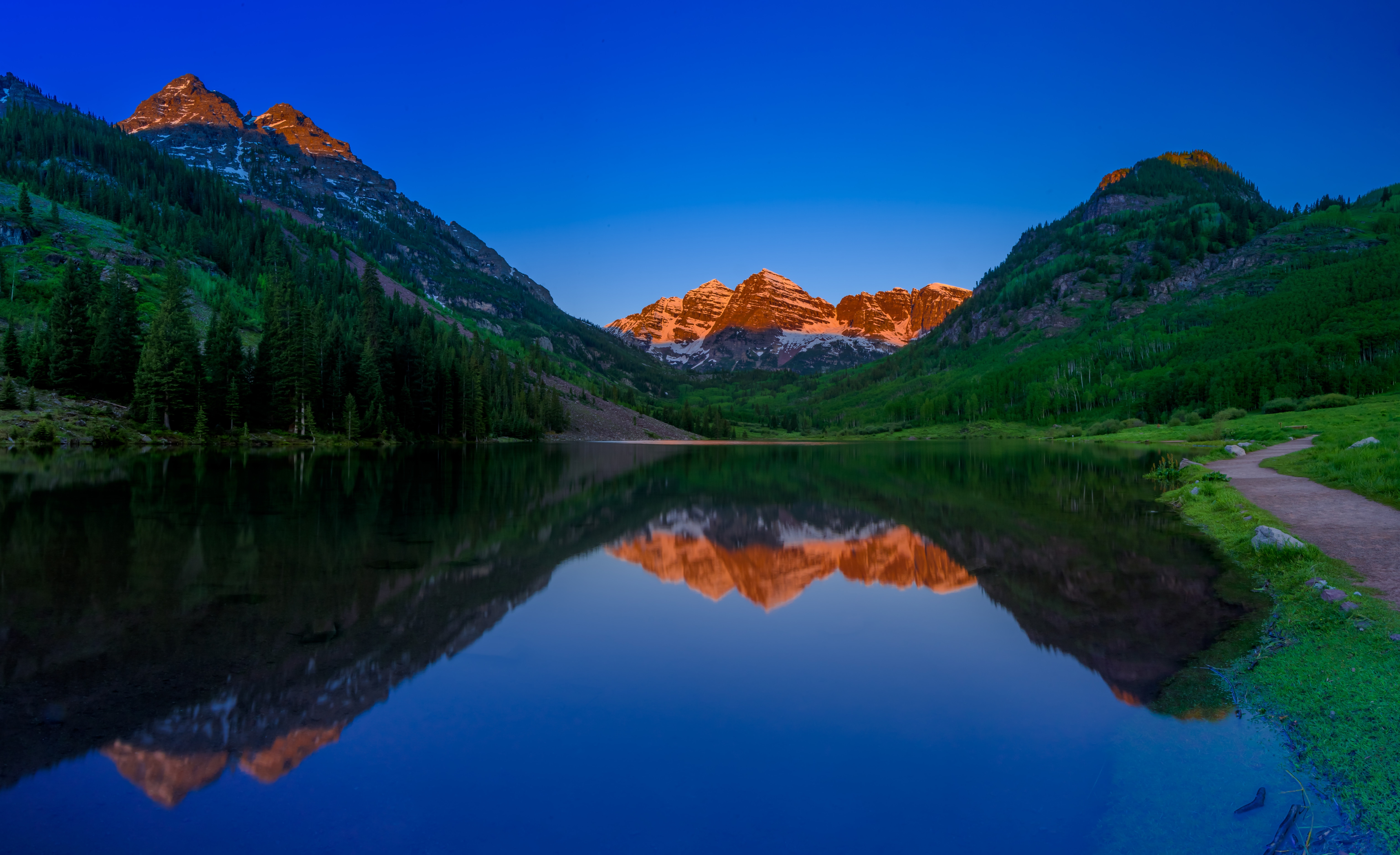 HD wallpaper, Reflection, Maroon Lake, United States, Landscape, Alpine Trees, Clear Sky, Alpenglow, Dawn, 5K, Maroon Bells, Blue Sky, Colorado, Sunrise