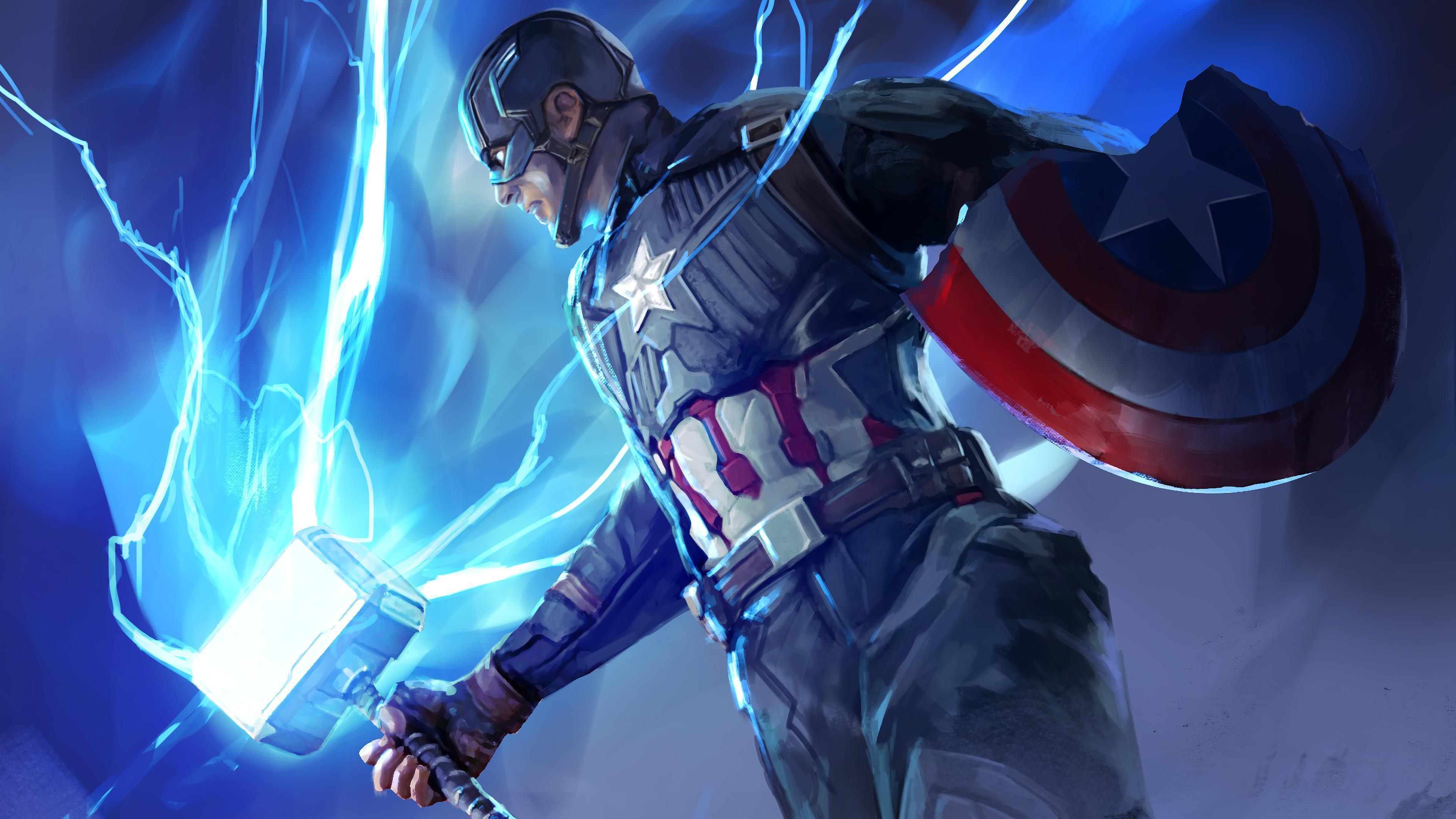 HD wallpaper, Captain America, Avengers Endgame, 4K, Mjolnir, Hammer, Lightning