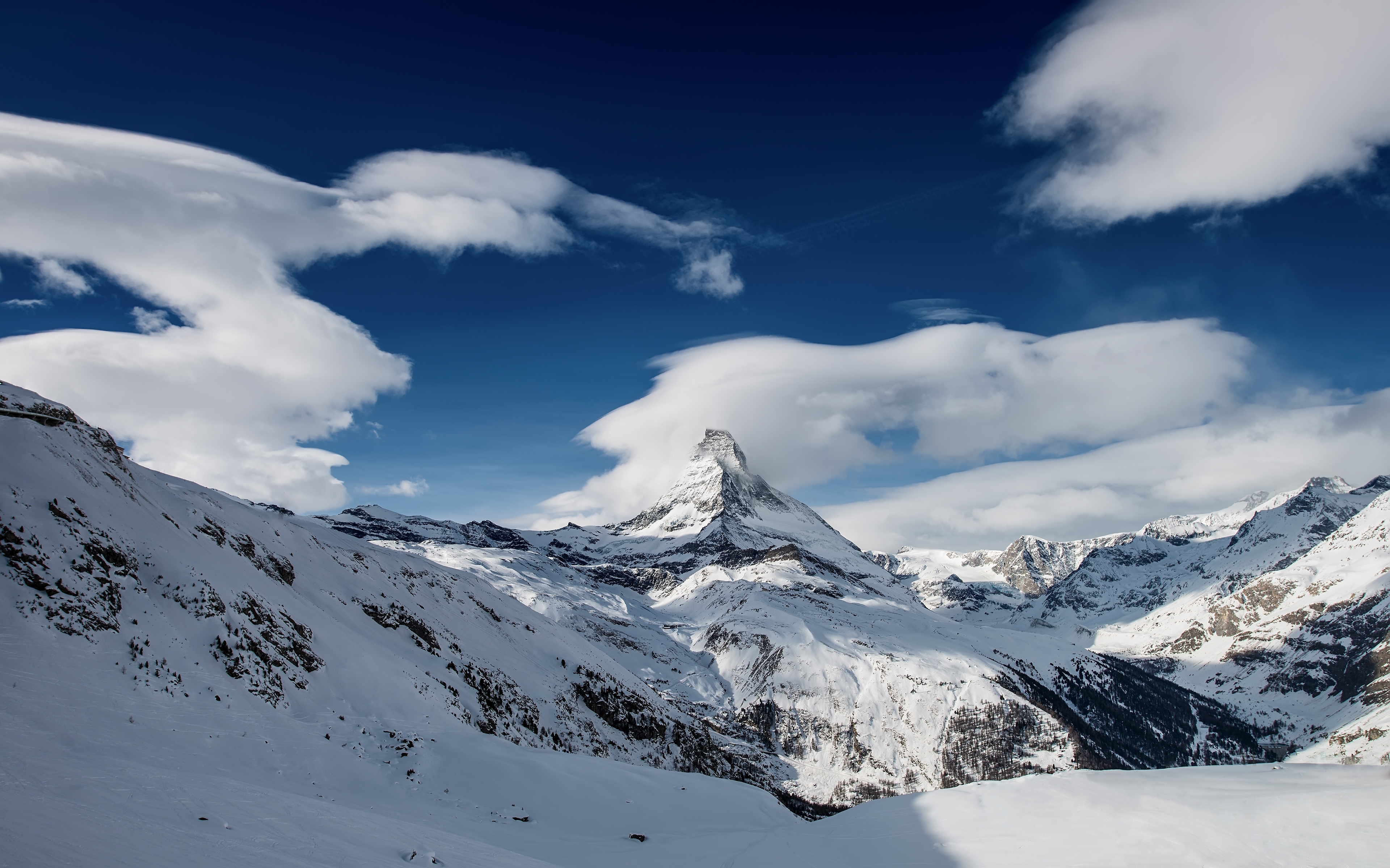 HD wallpaper, Clouds, Mountain Peak, Scenery, Winter, Landscape, Pennine Alps, Snow Covered, Switzerland, Matterhorn