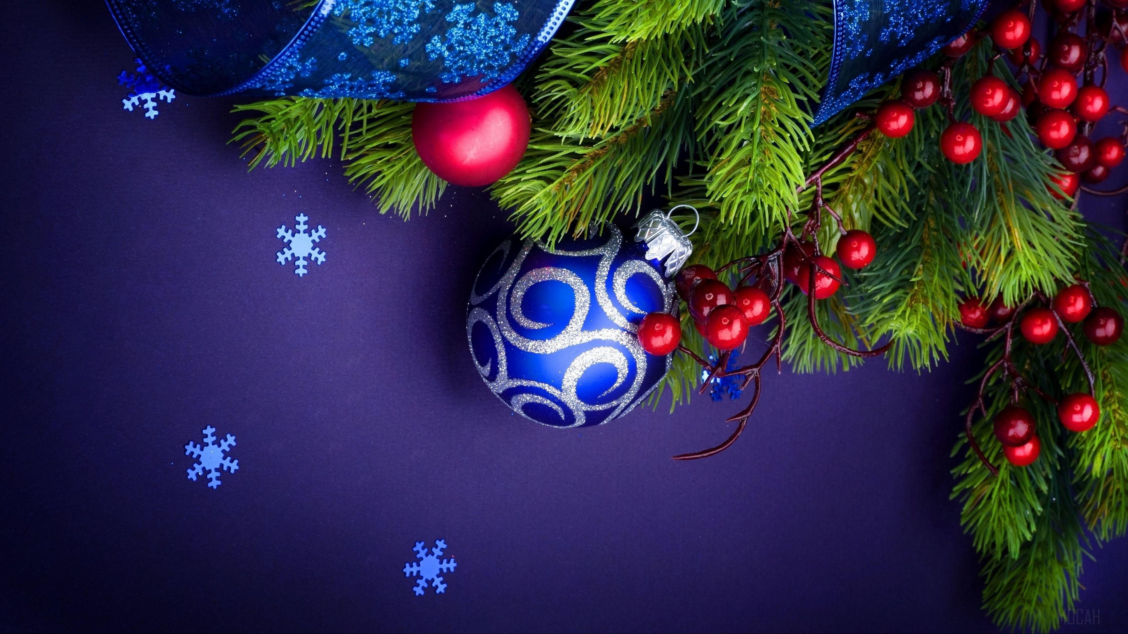 HD wallpaper, Christmas Decorations, Ribbon, New Year, Snowflakes, Needles, Christmas 4K, Thread
