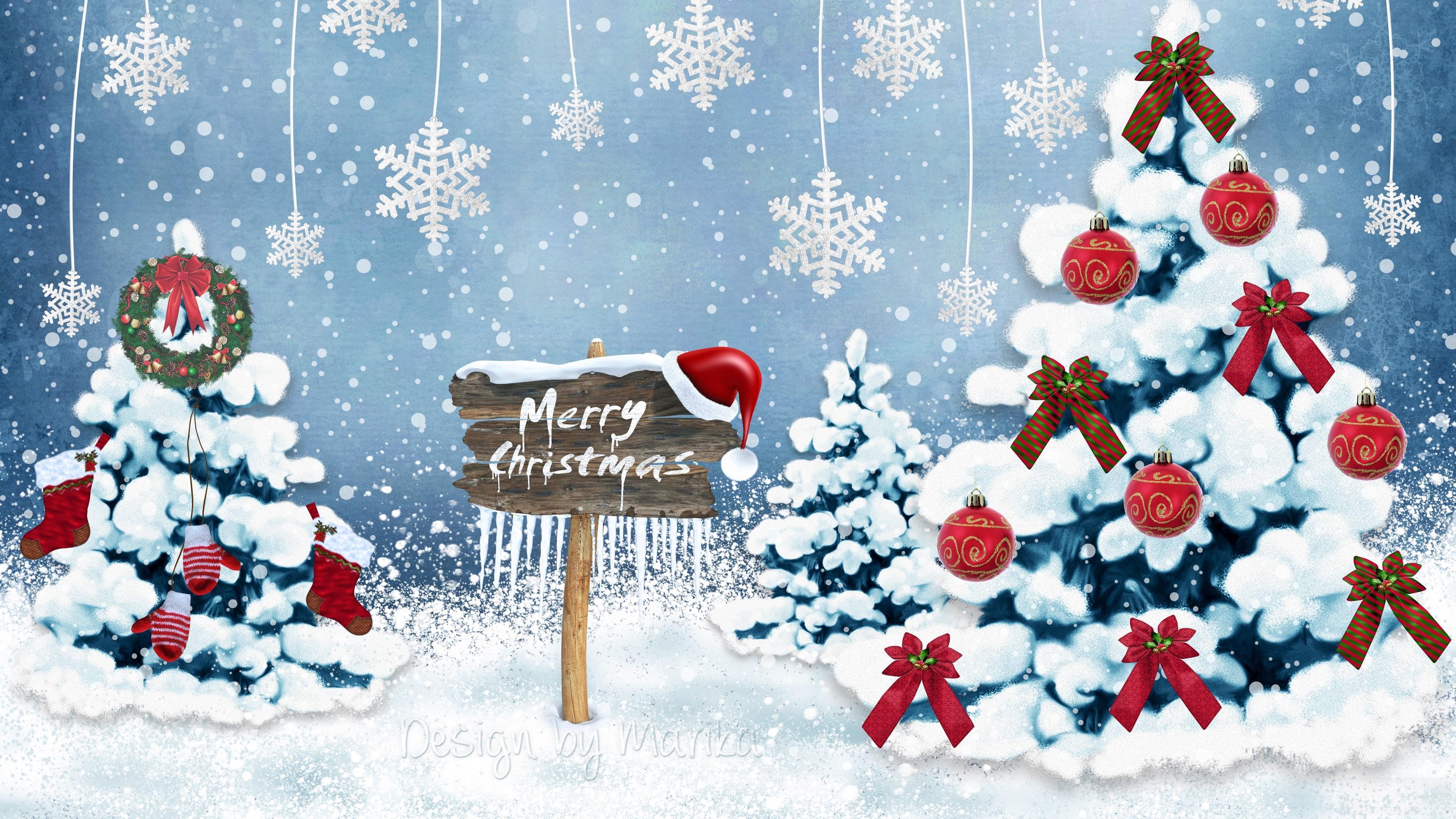 HD wallpaper, Card, Christmas, Snowflakes, New Year, Ornaments 4K, Christmas Trees
