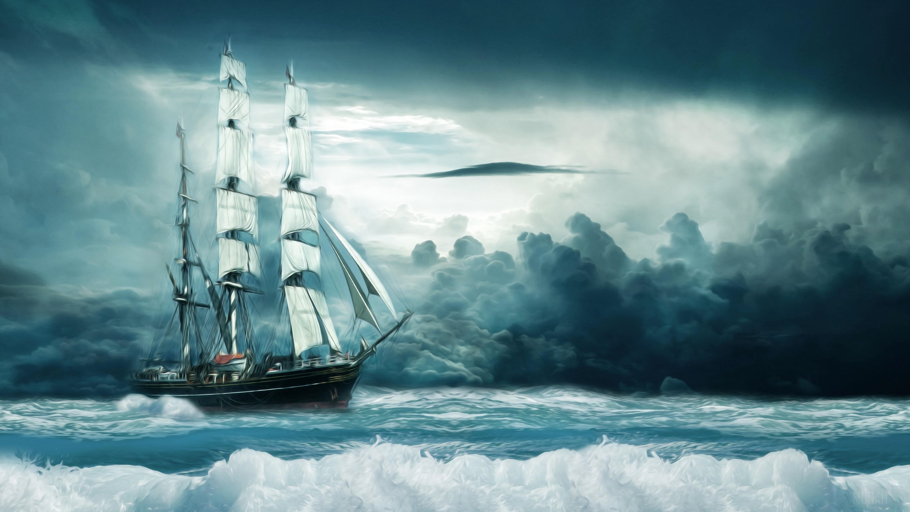 HD wallpaper, Cloud, Wave 4K, Ocean, Oil Painting, Ship