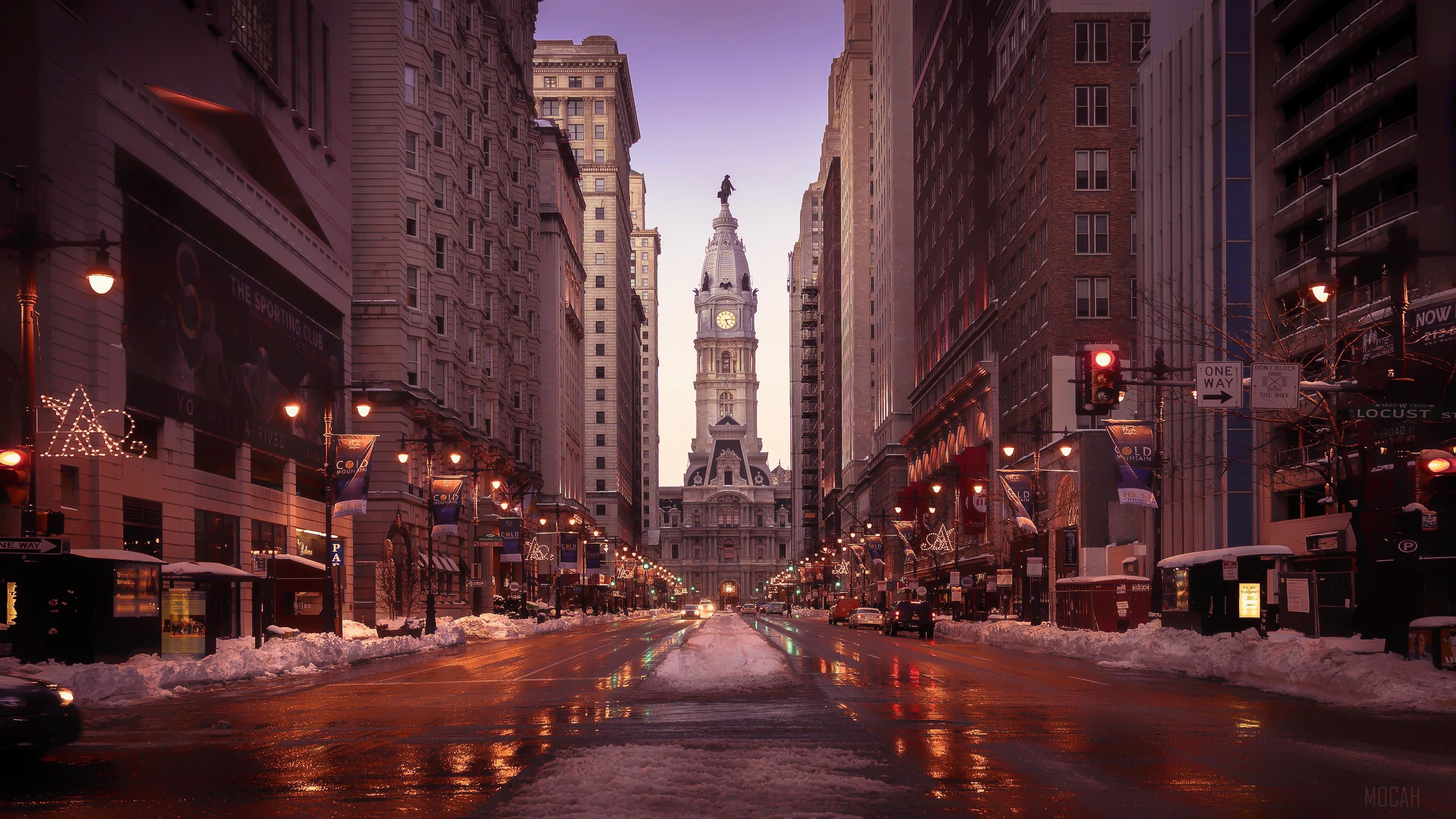 HD wallpaper, Philadelphia Streets Tall Buildings Road Snow 4K