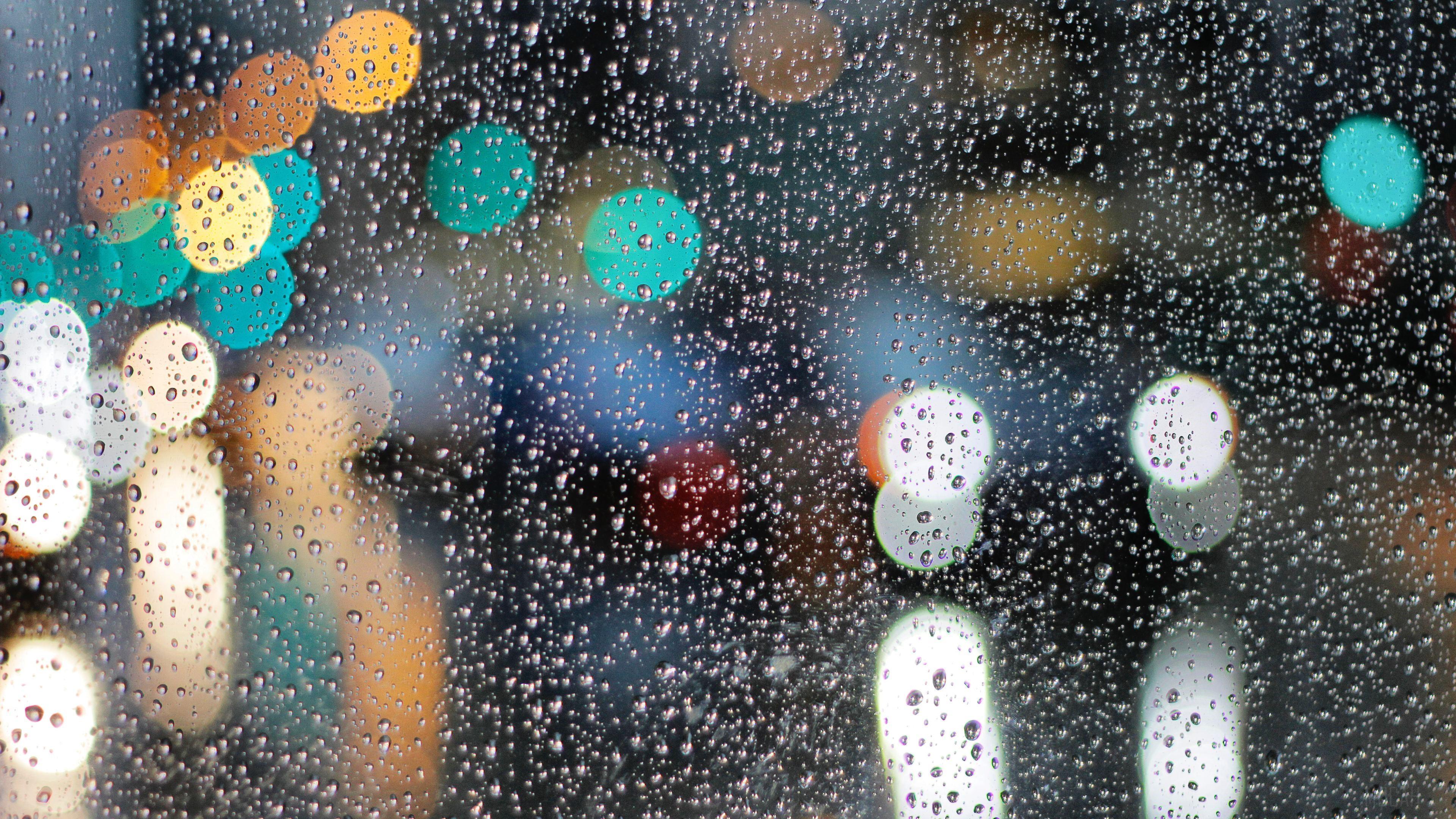 HD wallpaper, Rainy Day Drops On Glass Lights Bokeh 4K