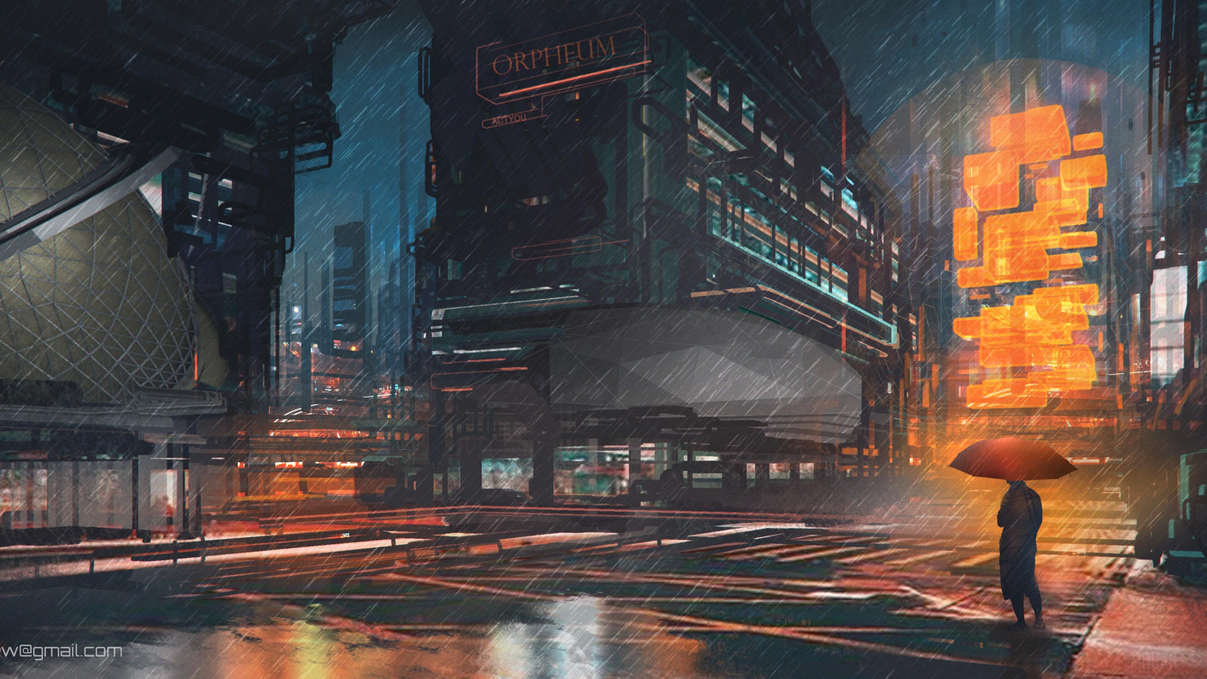 HD wallpaper, Rainy Night Man With Umbrella Scifi Drawings Digital Art 4K