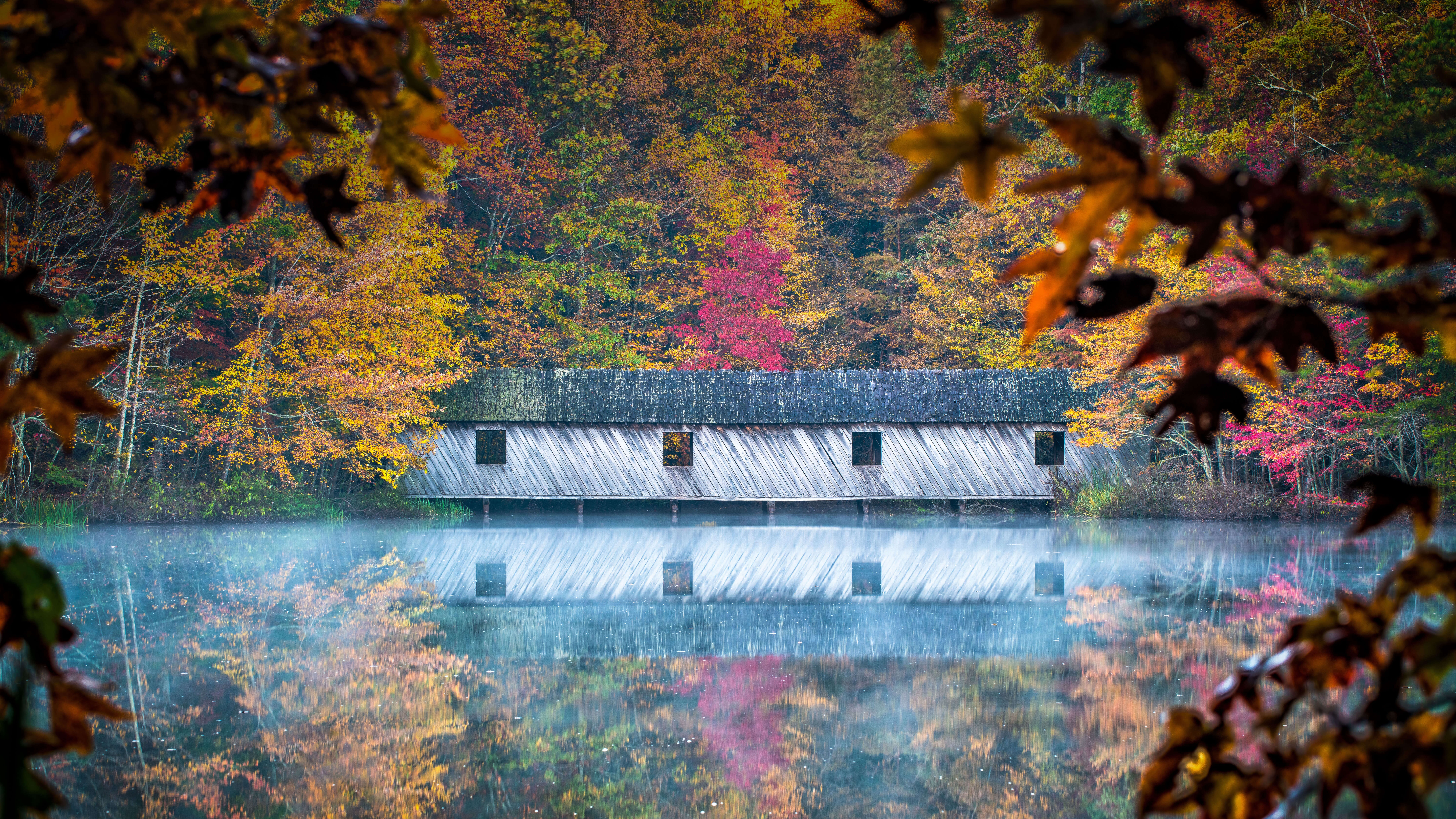 HD wallpaper, Trees, 8K, Autumn, 5K, Reflection, Cambron Covered Bridge, Alabama, River, Huntsville