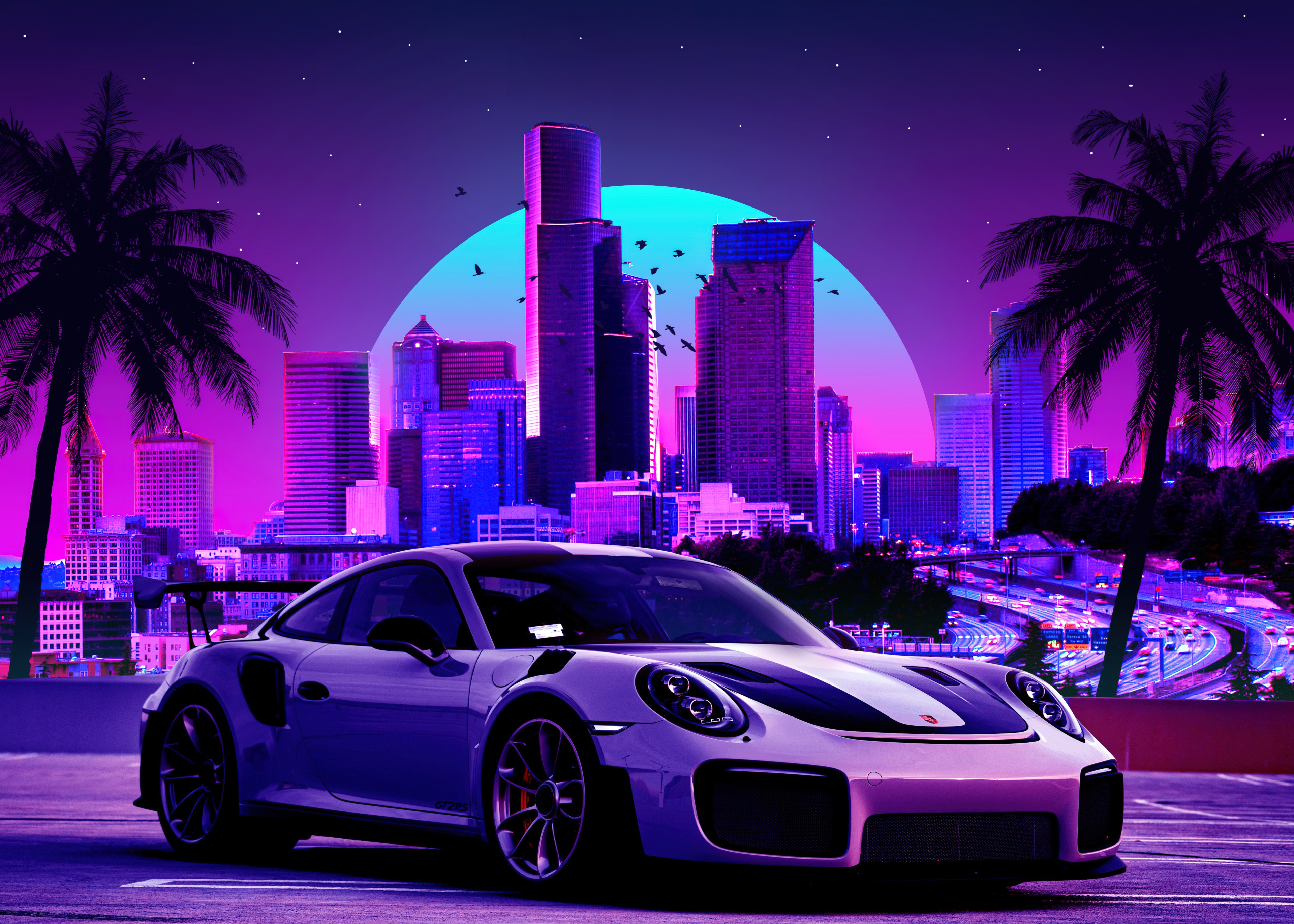 HD wallpaper, Cyberpunk, Cityscape, Porsche 911 Gt2, Synthwave, Outrun, Neon, Retro, Vaporwave
