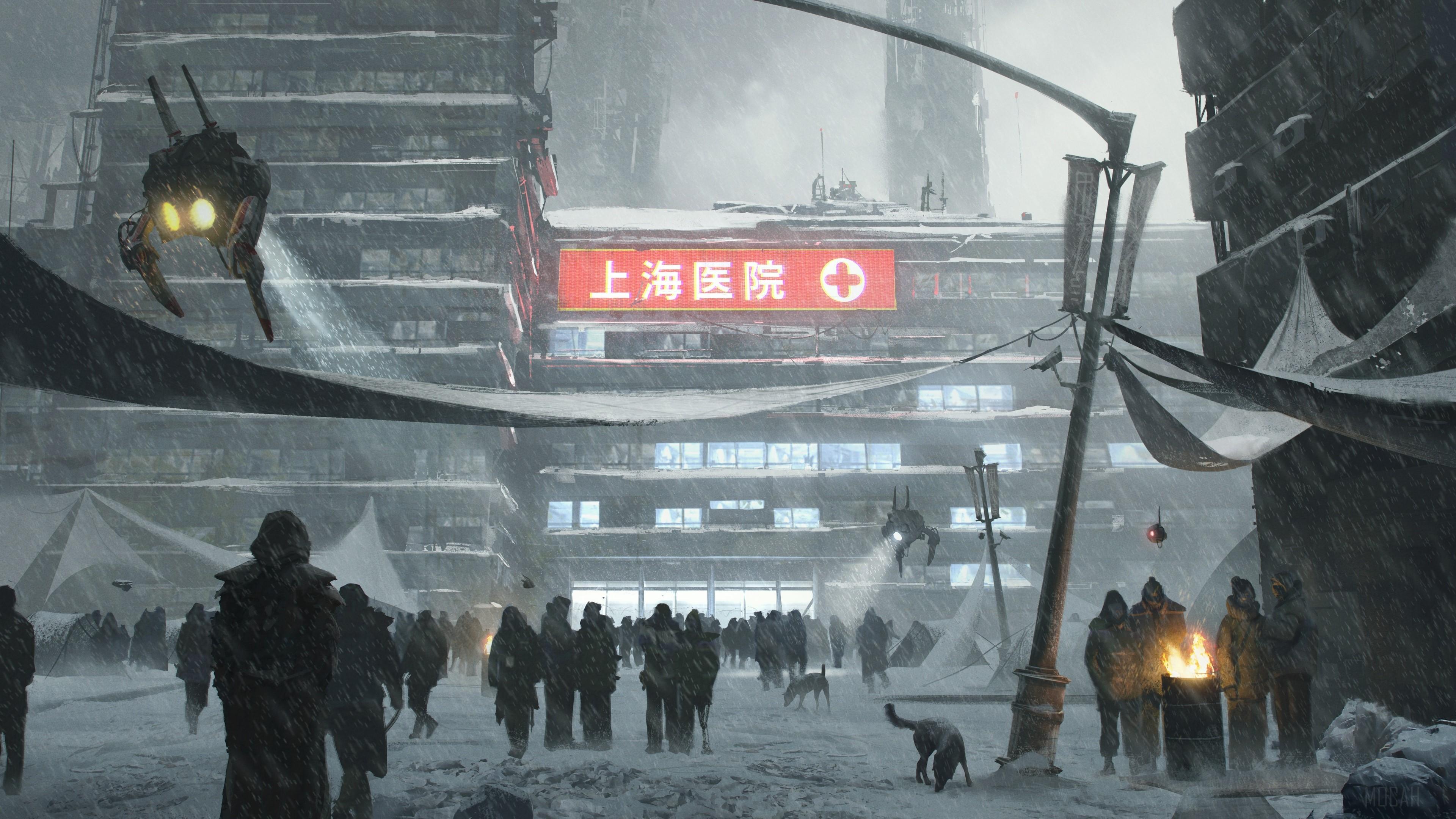HD wallpaper, Snowfall, Robot, Cyberpunk, Snow, People, Building, Winter 4K