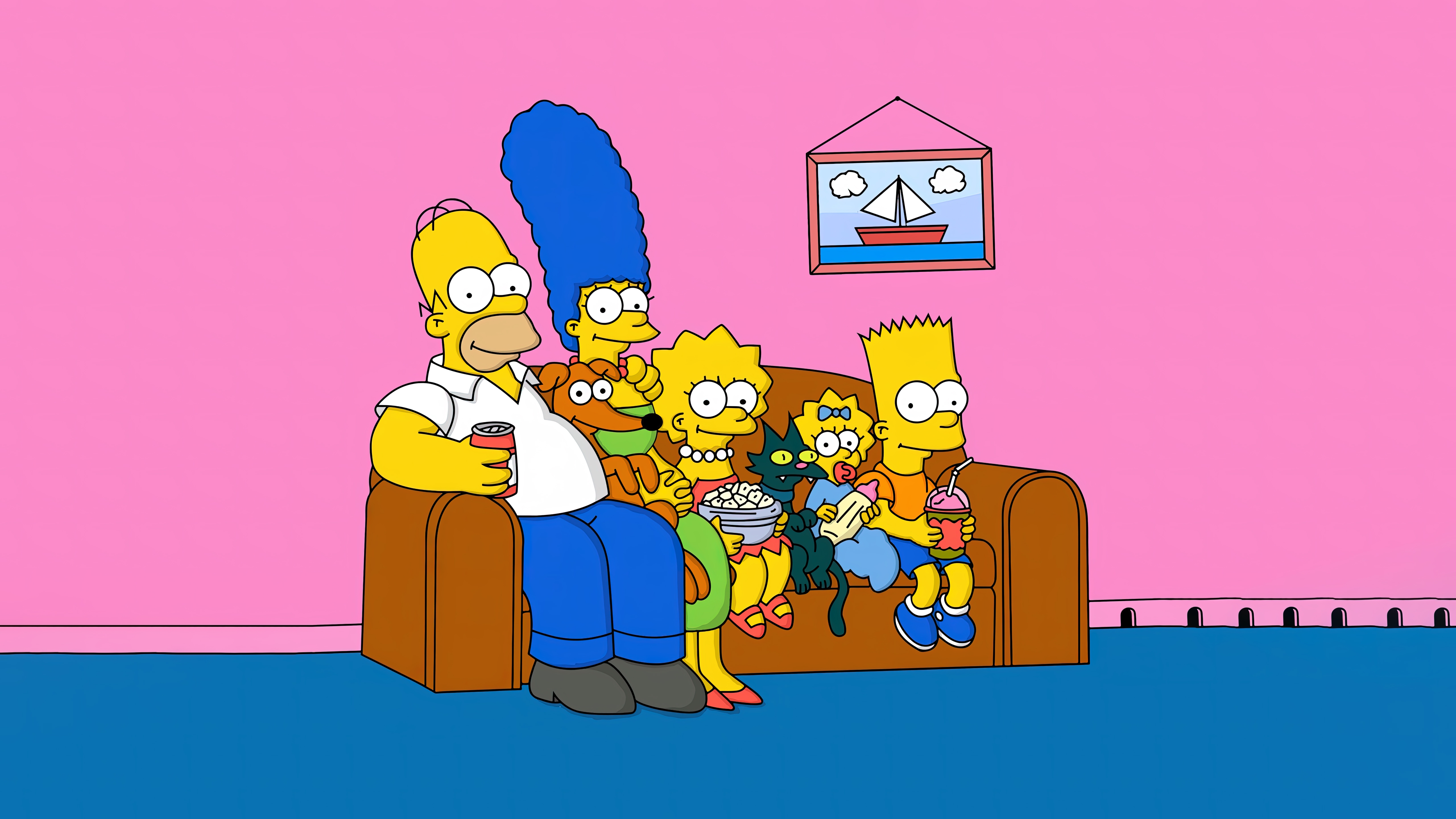 HD wallpaper, Snowball Cat, Bart Simpson, Lisa Simpson, Homer Simpson, Pink Background, Simpson Family, Marge Simpson, The Simpsons, Maggie Simpson, 5K