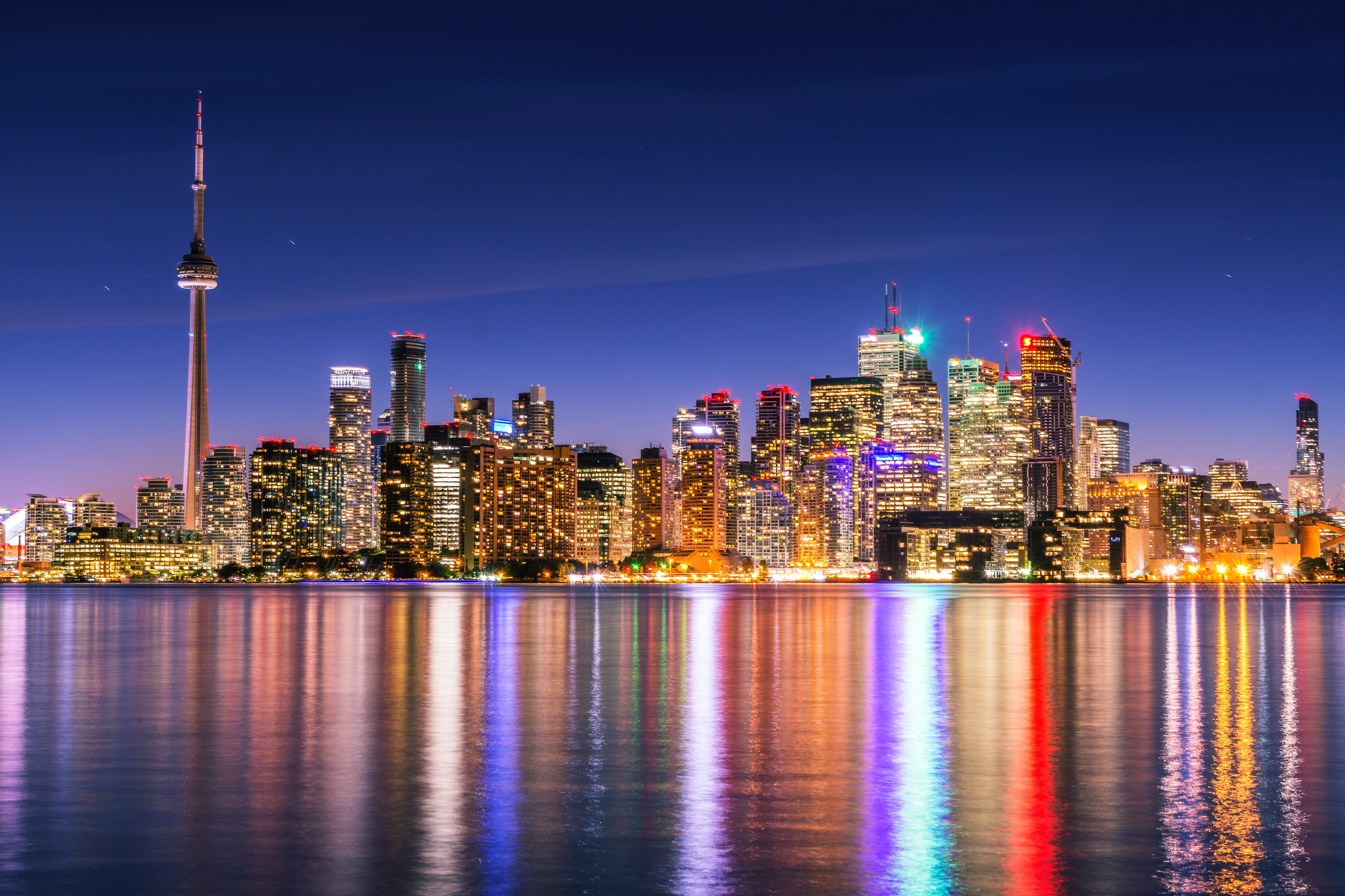 HD wallpaper, Multicolor, Cityscape, Reflections, Toronto Skyline, Modern Architecture, Clear Sky, Dusk, Waterfront, Canada, Night Lights, Skyscrapers, 5K