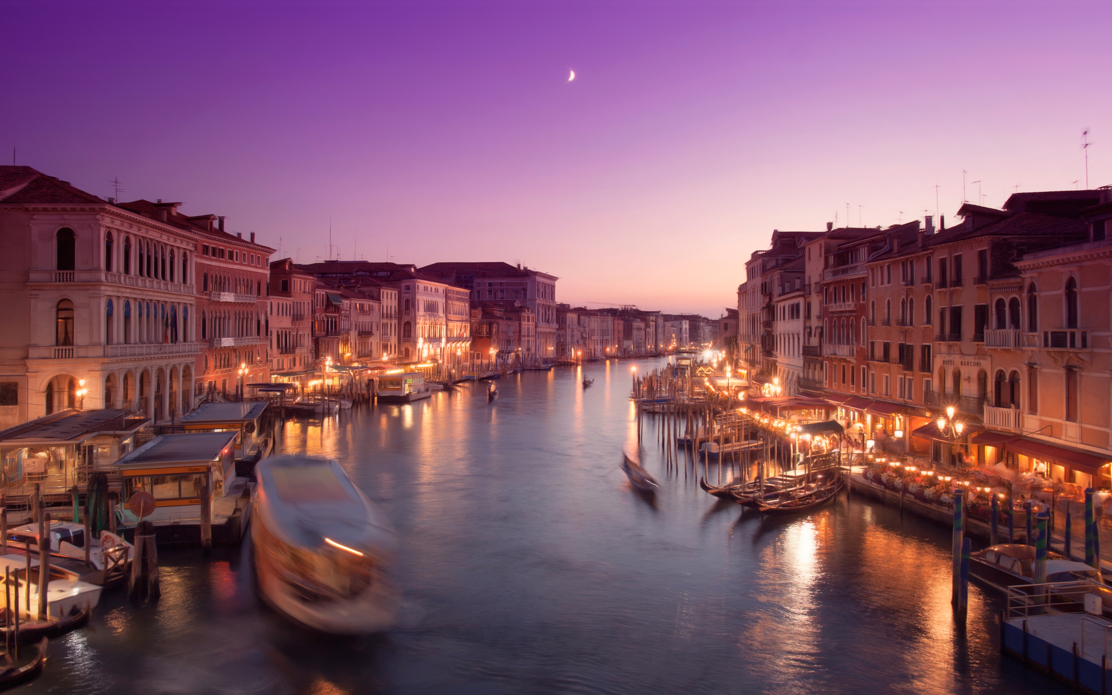 HD wallpaper, Venice City, Boats, Long Exposure, Moon, Cityscape, Purple Sky, Body Of Water, Sunset, City Lights